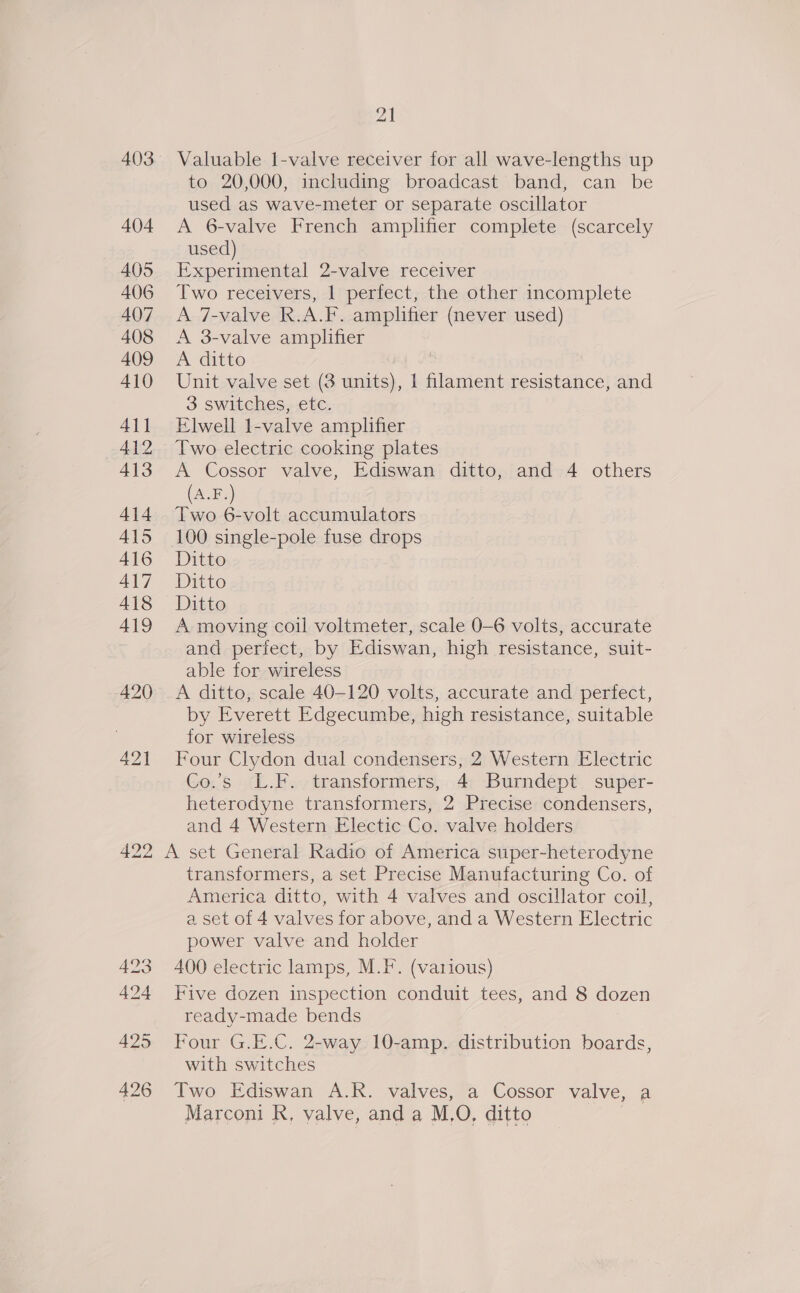 Valuable 1-valve receiver for all wave-lengths up to 20,000, including broadcast band, can be used as wave-meter or separate oscillator A 6-valve French amplifier complete (scarcely used) Experimental 2-valve receiver Two receivers, 1 perfect, the other incomplete A 7-valve R.A.F. amplifier (never used) A 3-valve amplifier A ditto Unit valve set (3 units), 1 filament resistance, and 3 switches, etc. Elwell 1-valve amplifier Two electric cooking plates A Cossor valve, Ediswan ditto, and 4 others (A.F.) Two 6-volt accumulators 100 single-pole fuse drops Ditto Ditto Ditto A moving coil voltmeter, scale 0-6 volts, accurate and perfect, by Ediswan, high resistance, suit- able for wireless A ditto, scale 40-120 volts, accurate and perfect, by Everett Edgecumbe, high resistance, suitable for wireless Four Clydon dual condensers, 2 Western Electric Co.’s_ L.F. transformers, 4 Burndept super- heterodyne transformers, 2 Precise condensers, and 4 Western Electic Co. valve holders transformers, a set Precise Manufacturing Co. of America ditto, with 4 valves and oscillator coil, a set of 4 valves for above, and a Western Electric power valve and holder 400 electric lamps, M.F. (various) Five dozen inspection conduit tees, and 8 dozen ready-made bends Four G.E.C. 2-way 10-amp. distribution boards, with switches Two Ediswan A.R. valves, a Cossor valve, a Marconi R, valve, and a M,O, ditto 7