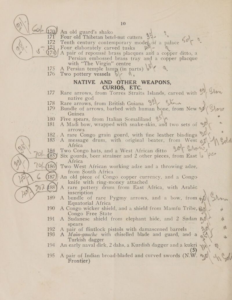 An old guard’s shako ) “171 Four old Thibetan betel-nut cutters 49&gt; ; oP ee” 172 Tenth century contemporary a) of a palace no , - Four elaborately carved tusks \- QR ie: 74 fA pair of repoussé brass placques and a copper ditto, a — Persian embossed brass tray and a copper placque with “The Virgin” centre \y 175. A Persian temple lamp (in parts) ib eo 176 Two pottery vessels b\y , NATIVE AND OTHER WEAPONS, CURIOS, ETC. 1/7 Rare arrows, from Torres Straits Islands, carved wit o Nar native god - 178 Rare arrows, from British Guiana nO, Ohrn os 179 Bundle of arrows, barbed with human bone, from New (ew Guinea = 180 Five spears, from Italian Somaliland gb ‘ 181 A Madi bow, wrapped with snake-skin, an two sets of ~B “ arrows  A rare Congo grain gourd, with fine leather bindings mp ( A message drum, with original beater, from West asi\ AN Se Africa Two Congo hats, and a West African ditto 3p Sho: ~ vi Six gourds, beer strainer and 2 other pieces, from East | ls Africa Two West African working adze and a throwing adze, from South Africa J An old piece of Congo copper currency, and a Congo —— knife with ring-money attached 26) A rare pottery drum from Bast “Agrica, with “Arabic inscription A bundle of rare Pygmy arrows, and a bow, from « (me Equatorial Africa 190 A Congo wicker shield, and a shield from Mamfu Tribe, ap a Congo Free State 191 A Sudanese shield from elephant hide, and 2 Sudan * A spears . \y és  192 A pair of flintlock pistols with damascened barrels 193 A Main-gauche with chiselled blade and guard, and a BY s Turkish dagger 194 An early naval dirk, 2 dahs, a Rures dagger and a ws iy Q. 195 A pair of Indian broad-bladed and curved swords ati » Frontier) wf» oA