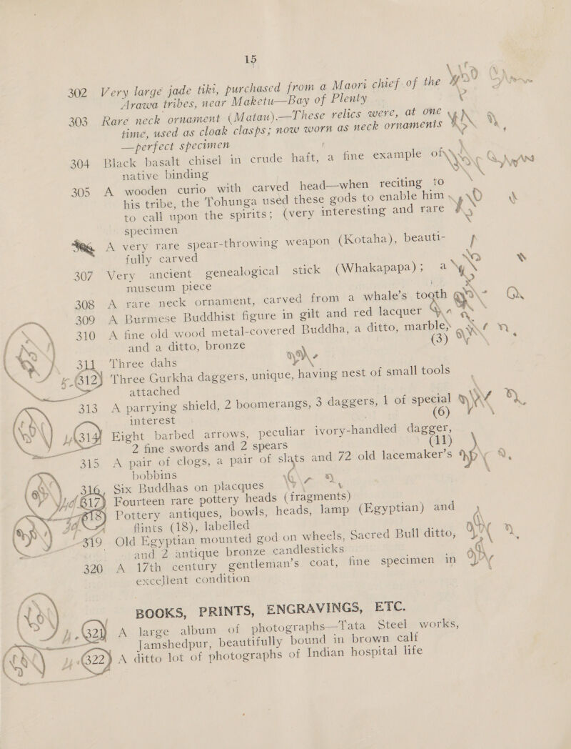 at. om, 302 Very large jade tiki, purchased from a Maori chief .of the Mf ON yA Arawa tribes, near Maketu—Bay of Plenty .. a 303 Rare neck ornament (M atau).—These relics were, at OWE an time, used as cloak clasps; now worn as neck ornaments aN Vy ‘ —perfect specumen \ | 304 Black basalt chisel in crude hait, a fine example Of te ee native binding ON ys 305 A wooden curio with carved head—-when reciting 10 : his tribe, the ohunga used these gods to enable him y, NY ‘ to call upon the spirits; (very interesting and rare p&gt; : specimen N Seg A very rare spear-throwing weapon (Kotaha), beauti- fully carved ie S07, Very , ancient genealogical stick (Whakapapa); @ ‘ys x | . museum piece 4 308 A rare neck ornament, carved from a whale’s togth ar ‘OS 209 A Burmese Buddhist figure in gilt and red lacquer a pt ; . 310 A fne old wood metal-covered Buddha, a ditto, marbles .\¢ wn i and a ditto, bronze (3) Oy Three dahs w- Three Gurkha daggers, unique, having nest of small tools attached \. A parrying shield, 2 boomerangs, 3 daggers, | of nae WK be * interest . Eight barbed arrows, peculiar ivory-handled dagger, 2 fine swords and 2 spears (11) \ A. pair of clogs, a pair of slats and 72: old lacemaker’s yp Q bobbins G i \ | WA 45 8 Six Buddhas on placques v \ v ) Fourteen rare pottery heads (fragments) Pottery antiques, bowls, heads, lamp (Egyptian) and fints (18), labelled Beye Old Egyptian mounted god on wheels, Sacred Bull ditto, *] \  and 2 antique bronze candlesticks GQ . A 17th century gentleman’s coat, fine specimen in Vy excellent condition  BOOKS, PRINTS, ENGRAVINGS, ETC. A large album of photographs—Tata Steel works, | Jamshedpur, beautifully bound in brown calf ) A ditto lot of photographs of Indian hospital life 