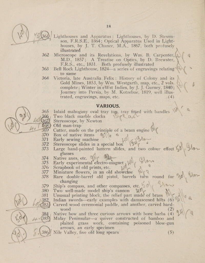    18 ' Lighthouses and Apparatus: Lighthouses, by D. Steven- houses, by TOE, Chance, M.A., 1867, both profusely - illustrated d M.D., 1857;.. A Treatise on: Optics, by D. Brewster, E.R.S., etc., 1831. Both profusely illustrated 363 Bell Rock Lighthouse, 1824—a series of engravings relating ‘\ to saime 364 Victoria, late Australia. Felix: History of Colony and its complete ; Winter in eWst Indies, by J. J. Gurney, 1840; Journey into Persia, by M. Kotzebue, 1819, well illus- trated, engravings, maps, etc. (4) VARIOUS. ~ Inlaid mahogany oval tray NG tray htted with ‘handles AY _, Two black marble clocks re o6 } Stereoscope, by Newton , 68.) Old man-trap Cutter, made on the Pa of a beam engine r\( Box of native items ty\\p 9 , ; 371 Early sewing machine Who 372 Stereoscope slides in a special et (py  373 Large thand-painted lantern slides, and fm colour effect \y Ven glasses ey 374 Native axes, etc. We Blo— Aer Se $¥5 .Harly experimental electro-magnet , o\y Ve 376 Scrapbook of old prints, etc. pe Vy ” 377. Miniature flowers, in an old showcase “yp yee 378 Rare double-barrel old pistol, barrels tain round for dy \, Wer changing 4 &amp; \ 379 Ship’s compass, and other compasses, etc. YO\, YVe~ 380 Two well-made model ship’s cannon it ‘ Na \ 381 Unusual printing block, the relief part made of brass \?'¢, A ‘ 2. Indian swords—early examples with damascened hilts (6) °) 3) Carved wood ceremonial paddle, and another, carved hard- wood (2) Malay Peninsular—a quiver constructed of bamboo and plaited grass work, containing poisoned blow-gun arrows, an early specimen | . | Nile Valley, five old long spears (5): f nw &amp;
