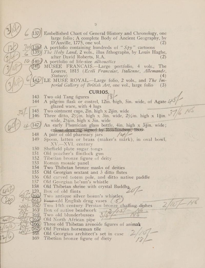 &amp; 137;| Embellished Chart of General ‘History and Chronology, one en large folio; A complete Body of Ancient Geography, by a D’Anville, 1775, one vol. (2) [eK / A portfolio containing hundreds of “Spy” cartoons 4 aN 2 1D) The Holy Land, 2 vols., illus lithographs, by Louis Haghe,   (4 ie ._ atter David Roberts, Row (2) os - 0 40 ‘A portfolio of life-size silhouettes (9 7) a MUSEE FRANCAIS.—Large portfolio, 4 vols., The (F's Louvre, 1815 (Ecol Francaise, Italienne, Allemande, meets ae Statues) (4) /, b4l-) bo | 142) LE MUSE ROYAL.—Large folio, 2 vols., and The Im- [An J perial Gallery of British Art, one vol., large rolie™ ¢3) Rote. CURIOS. 143 Two old Tang figures Sth eg glazed ware, with 4 lugs af -| 145 on ointment cups, 2in. high x 24in. wide a NT Lar ieG : wide, 2 rin. high x 3in. wide Ay) tk (147) An any oegee See pees = eS SHIN. wide g =o ee F 23 zat £0 4 SUEY Rea ao = FRO..  148 A pair of od neg jats 7 of foe 149 Spoon, latten or brass (maker’s mark), in oval bowl, XV.—XVI. century Shefheld plate sugar tongs Old poacher’s flintlock gun Tibetian bronze figure of deity Roman mosaic panel Two Tibetan bronze masks of deities Old Georgian sextant and 3 ditto flutes Old carved totem pole, and ditto native paddle Old Georgian bo’sun’s whistle Old Thibetan shrine with crystal peers q ao Box of, old faints aes 00/ Two antique silver bosun’s whistles PY uneaisaee x Box of native beadwork | Vy ama oman ra i | Two old blunderbusses 1Ag—f=— LYS. ¥ Old North African pipe . ¢#= ars . Three old Thibetan arenoide figures of animal Old Persian horseman tile — Pe vo Old Georgian architect’s set in case ‘gift Tibetian bronze figure of diety Of Gee  sree