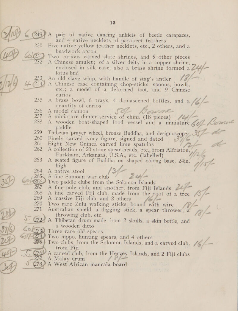   13 and'4 native necklets of parakeet feathers 250 Five native yellow feather necklets, etc., 2 others, and a wo beadwork apron CO/25)) Two curious carved slate shrines, and 5 other pieces 292 A Chinese amulet; of a silver deity i in a copper shrine enclosed in silk case, also a brass shrine formed 1 244f- lotus bud pot, 1 2924, An old slave whip, with handle of stag’s antler /&amp;/ Lh. (254) A Chinese case containing chop-sticks, spoons, bowls, ———ee etc.; a model of a deformed foot, ‘and 9 Chinese curios ae 255 A brass bowl, 6 trays, 4 damascened bottles, and a Age fom quantity of curios 2 | | tooth 256 A model cannon SOp— hPa vr y, 257 A miniature dinner-service of china (18 pieces) /e&lt;/-— 258 A wooden boat-shaped food vessel and a miniature CYL. Pa 4 poe paddle “ Po 259 ‘Thibetan prayer wheel, bronze Buddha, and designoscopey, .\ 297 room 260 Finely carved ivory figure, signed and dated at f/@ , 5 261 Eight New Guinea carved lime spatulas 7 9 fn ete 2O2° A colle Ction of 50 stone spear-heads, etc., from Alfriston, rae Parkham, Arkansas, U.S.A., etc. (labelled) Wie. @ 263. A seated figure of Buddha on shaped eae base, 24in. {4 of, high pay. Yt 04 264 A native stool bl FOF aan . A fine Samoan war club Of) : eo Y Two paddle clubs from the Solomon Islands 0,7. A fine pole club, and another, from Fiji Islands ge? A A fine carved Fiji club, made from the TQot of a tree yd A massive Fiji club, and 2 others lio f= a?  Two rare Zulu walking sticks, bound with wire / pf a y Australian shield, a digging stick, a spear thrower, 4 £f, | throwing club, etc. le 724 A Thibetan drum made from 2 skulls, a skin bottle, and a wooden ditto 32 Three rare old spears -&gt;} Two clubs, from the Solomon Islands, and a od club, (6, fo from Fiji ae Z Nh Malay drum , Bo 5 @78)} 