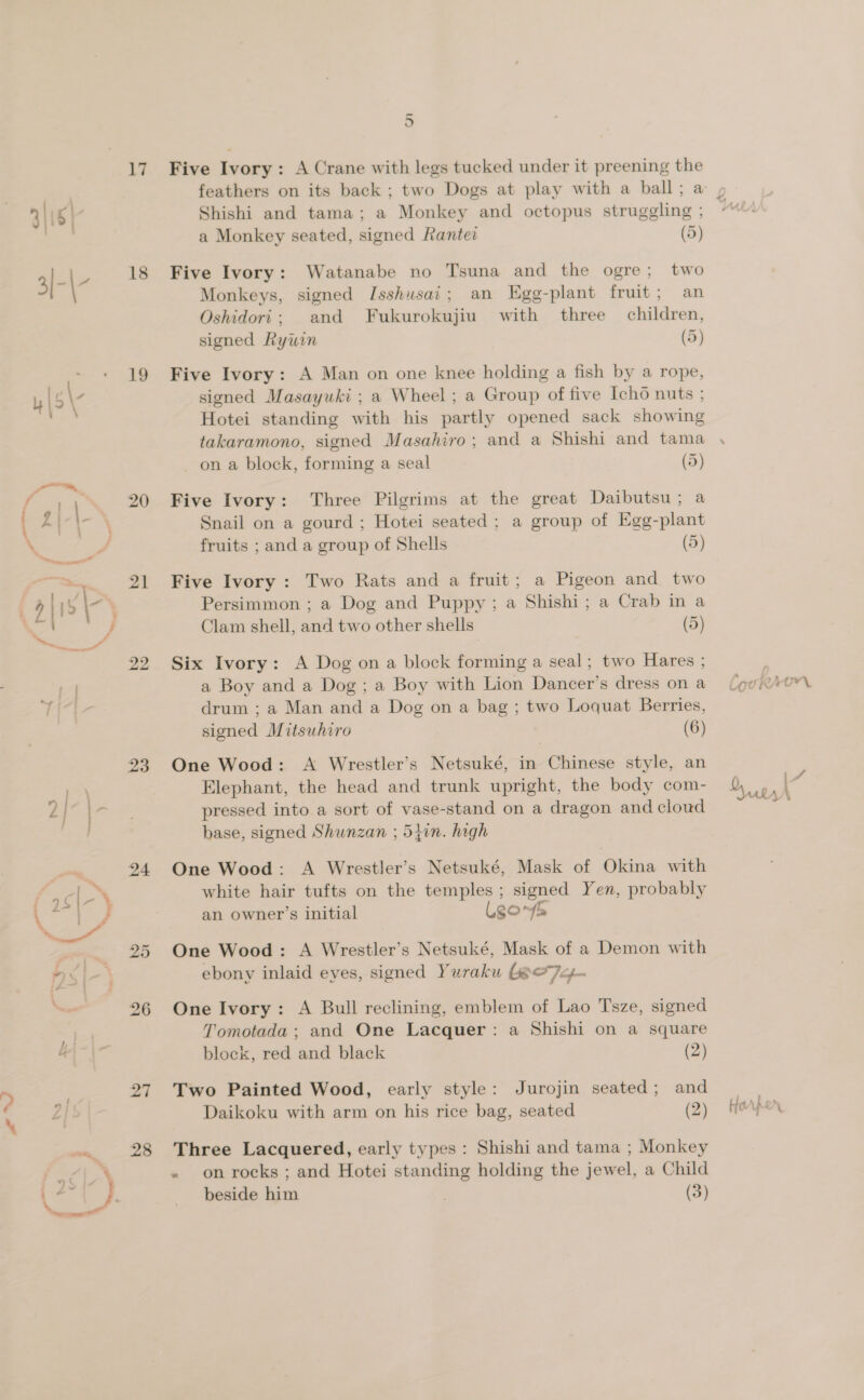 P a,  BN 17 18 19 20 21 22 23 24 26 28 3 Five Ivory: A Crane with legs tucked under it preening the Shishi and tama; a Monkey and octopus struggling ; a Monkey seated, signed Ranter (5) Five Ivory: Watanabe no Tsuna and the ogre; two Monkeys, signed [sshusai; an Egg-plant fruit; an Oshidori; and Fukurokujiu with three children, signed Rywuin (5) Five Ivory: A Man on one knee holding a fish by a rope, signed Masayuki ; a Wheel ; a Group of five Icho nuts ; Hotei standing with his partly opened sack showing takaramono, signed Masahiro; and a Shishi and tama on a block, forming a seal (5) Five Ivory: Three Pilgrims at the great Daibutsu; a Snail on a gourd ; Hotei seated; a group of Egg-plant fruits ; and a group of Shells (5) Five Ivory : Two Rats and a fruit; a Pigeon and two Persimmon ; a Dog and Puppy; a Shishi; a Crab in a Clam shell, and two other shells (5) Six Ivory: A Dog on a block forming a seal; two Hares ; a Boy and a Dog; a Boy with Lion Dancer’s dress on a drum ; a Man and a Dog on a bag ; two Loquat Berries, signed Mitsuhiro (6) One Wood: A Wrestler’s Netsuké, in Chinese style, an Elephant, the head and trunk upright, the body com- pressed into a sort of vase-stand on a dragon and cloud base, signed Shunzan ; 5ihin. high One Wood: A Wrestler’s Netsuké, Mask of Okina with white hair tufts on the temples; signed Yen, probably an owner’s initial Lgonfs One Wood : A Wrestler’s Netsuké, Mask of a Demon with ebony inlaid eyes, signed Yuraku Geo Jey One Ivory: A Bull reclining, emblem of Lao Tsze, signed Tomotada; and One Lacquer: a Shishi on a square block, red and black (2) Daikoku with arm on his rice bag, seated (2) Three Lacquered, early types: Shishi and tama ; Monkey . onrocks ; and Hotei standing holding the jewel, a Child beside him (3) Coo KR 5 ory 174 ) ~ Har : ay