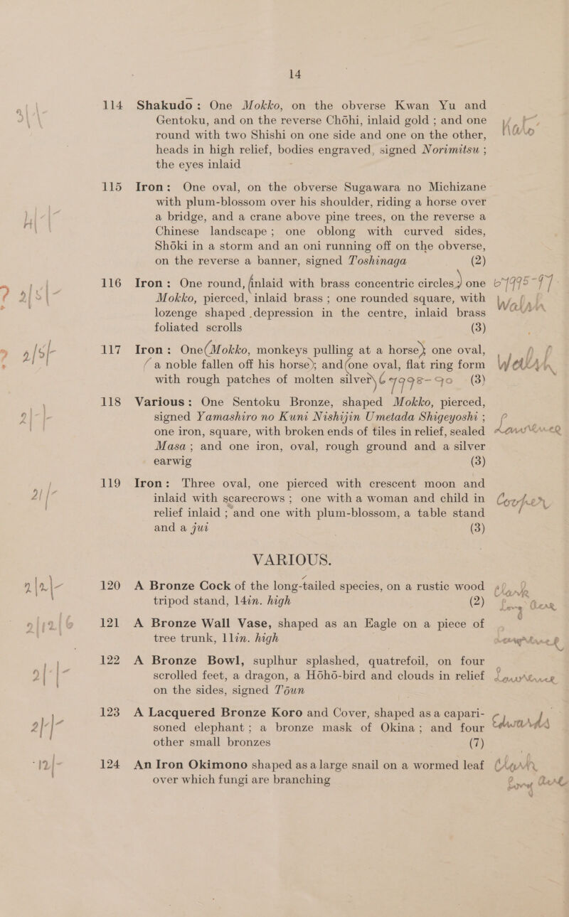 114 115 116 117 118 119 120 121 122 123 124 14 Shakudo: One Mokko, on the obverse Kwan Yu and Gentoku, and on the reverse Chohi, inlaid gold ; and one round with two Shishi on one side and one on the other, heads in high relief, bodies engraved, signed Norimitsu ; the eyes inlaid Iron: One oval, on the obverse Sugawara no Michizane with plum-blossom over his shoulder, riding a horse over a bridge, and a crane above pine trees, on the reverse a Chinese landscape; one oblong with curved sides, Shoki in a storm and an oni running off on the obverse, on the reverse a banner, signed Toshinaga (2) Iron: One round, inlaid with brass concentric declens one Mokko, pierced, inlaid brass ; one rounded square, with lozenge shaped .depression in the centre, inlaid brass foliated scrolls | (3) Iron: One(M okko, monkeys pulling at a horse } one oval, ‘a noble fallen off his horse); and(one oval, flat ring form with rough patches of molten silver) 6-7998- 9 a +(3) Various: One Sentoku Bronze, shaped Mokko, pierced, signed Yamashiro no Kuni Nishijin Umetada Shigeyoshi ; one iron, square, with broken ends of tiles in relief, sealed Masa; and one iron, oval, rough ground and a silver earwig (3) Iron: Three oval, one pierced with crescent moon and inlaid with scarecrows ; one with a woman and child in relief inlaid ; and one with plum-blossom, a table stand and a ju | (3) VARIOUS. tripod stand, 14in. high (2) A Bronze Wall Vase, shaped as an Eagle on a piece of tree trunk, llin. high A Bronze Bowl, suplhur splashed, quatrefoil, on four scrolled feet, a dragon, a Hoho-bird and clouds in relief on the sides, signed Z'own A Lacquered Bronze Koro and Cover, shaped as a capari- soned elephant ; a bronze mask of Okina; and four other small bronzes (7) An Iron Okimono shaped asa large snail on a wormed leaf over which fungi are branching a f ; i Wa \. i> pet: WAAQ *] } ee “EVR Lee ; CAR é *, Crunk ve 2 p we a MASS Ean AR Colaarte \d. 4 A i . i” A A_Af > i“ UIA T&amp;\ * % a £ . Lo Tw “of iA fe ‘e W