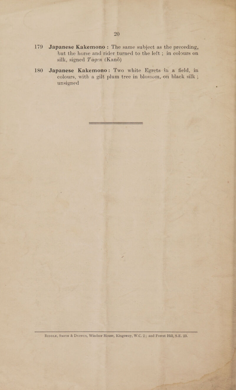 20 179 Japanese Kakemono: The same subject as the preceding, but the horse and rider turned to the left ; in colours on silk, signed Tagen (Kano) | pe 180 Japanese Kakemono: Two white Egrets in a field, in colours, with a gilt plum tree in blossom, on black silk ; unsigned  