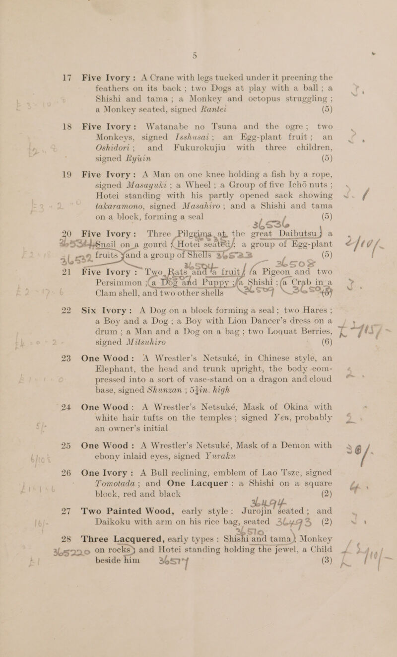 o 17 Five Ivory: A Crane with legs tucked under it preening aa feathers on its back ; two Dogs at play with a ball ; Shishi and tama; a Monkey and octopus strug i ae a Monkey seated, signed Ranter (5) 18 Five Ivory: Watanabe no Tsuna and the ogre; two Monkeys, signed Jsshusai; an LEgg-plant fruit; an Oshidori; and Fukurokujiu) with three children, signed Rywin (5) 19 Five Ivory: A Man on one knee holding a fish by a rope, siened Masayuki ; a Wheel; a Group of five Icho nuts ; Hotei standing with his partly opened sack showing takaramono, signed Masahiro; and a Shishi and tama on a block, forming a seal (5) 36536 20 Five Ivory: ‘Three Pilgrims. . af. the great _L Daibiiten } a », fruits and a group of Shells™ 36saz (5) 21 Five Ivory: Tw ats on a fruit ae Pigeon pxy per Persimmon ;( 2, Dee? and Puppy ;/ a Srey ii @ Spe b inva Clam shell, a two other shells 22 Six Ivory: A Dog ona block forming a seal; two Hares ; a Boy and a Dog; a Boy with Lion Dancer’s dress on a drum ; a Man and a Dog on a bag ; two Loquat Berries, signed Mitsuhiro (6) 23 One Wood: ‘A Wrestler’s Netsuké, in Chinese style, an Elephant, the head and trunk upright, the body com- pressed into a sort as vase-stand on a dragon and cloud base, signed Shunzan ; 5jin. high white hair tufts on the temples ; signed Yen, probably an owner’s initial bo Or One Wood: A Wrestler’s Netsuké, Mask of a Demon with ebony inlaid eves, signed Yuraku 26 One Ivory: A Bull reclining, emblem of Lao T'sze, signed Tomotada ; and One Lacquer : a Shishi on a square block, red and black (2) 3H. 27 Two Painted Wood, early style: Jurojin’ seated; and Daikoku with arm on his rice ie nae SLY49 2, (2) pI rere ae