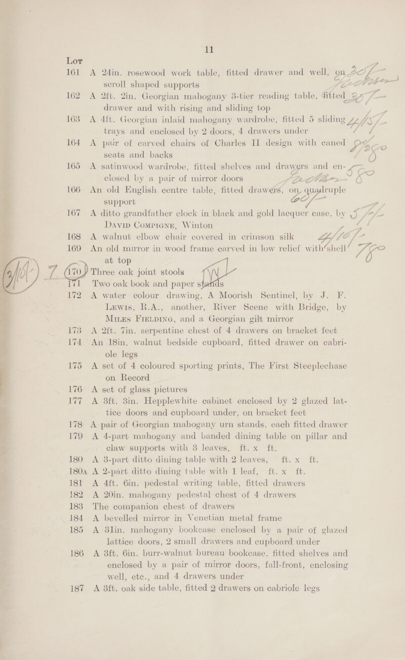 oe =  i scroll shaped supports 72 — 162 A 2ft. 2in. Georgian mahogany 3-tier reading table, fitted _@- drawer and with rising and shding top 163 A 4ft. Georgian inlaid mahogany wardrobe, fitted 5 sliding 4 3 s) trays and enclosed by 2 doors, 4 drawers under 164 A pair of carved chairs of Charles IT design with caned Dp» seats and backs a Ae 3} 3 165 A satinwood wardrobe, fitted shelves and drawgrs and en- ~~ | closed by a pair of mirror doors Zevibibnrs—~ 166 An old English centre table, fitted drawers, on quadruple Jip fo support ae 5 167 A ditto grandfather clock in black and gold lacquer case, by .j “44 Davip Compiang, Winton ‘ 168 <A walnut elbow chair covered in crimson silk hf (6 f- 169 An old mirror in wood frame earved in low relief with“shell( 7/7@o ao, “watetop ees : 0 170 ¥ Three oak joint stools (WN 171 Two oak book and paper A 172 A water colour drawing, A Moorish Sentinel, by J. F. Lewis, R.A., another, River Scene with Bridge, by Mins FIELDING, and a Georgian gilt mirror 173 A 2ft. Tin. serpentine chest of 4 drawers on bracket feet 174 An 18in. walnut bedside cupboard, fitted drawer on cabri- ole legs 175 <A set of 4 coloured sporting prints, The First Steeplechase on Record 176 A set of glass pictures 177. A 8ft. 3in. Hepplewhite cabinet enclosed by 2 glazed lat- tice doors and cupboard under, on bracket feet 178 <A pair of Georgian mahogany urn stands, each fitted drawer 179 A 4-part mahogany and banded dining table on pillar and claw supports with 8 leaves, ft. x ft. A 8-part ditto dining table with 2 leaves, ft. x it. 180a A 2-part ditto dining table with I leaf, ft. x ft. A 4ft. Gin. pedestal writing table, fitted drawers A 20in. mahogany pedestal chest of 4 drawers 183 The companion chest of drawers 184 <A bévelled mirror in Venetian metal frame 185 A 8lin. mahogany bookcase enclosed by a pair of glazed lattice doors, 2 small drawers and cupboard under 186 A 8ft. 6in. burr-walnut bureau bookease, fitted shelves and enclosed by a pair of mirror doors, fall-front, enclosing well, ete., and 4 drawers under 187 A 8ft. oak side table, fitted 2 drawers on cabriole legs