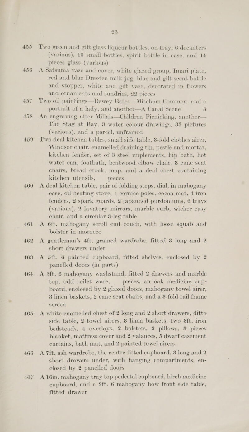 456 459 460 461 462 463 464 465 466 23 Two green and gilt glass liqueur bottles, on tray, 6 decanters (various), 10 small bottles, spirit bottle in case, and 14 pieces glass (various) A Satsuma vase and cover, white glazed group, Imari plate, red and blue Dresden milk jug, blue and gilt scent bottle and stopper, white and gilt vase, decorated in flowers and ornaments and sundries, 22 pieces Two oil paintings—Dewey Bates—Mitcham Common, and a portrait of a lady, and another—<A Canal Scene 3 An engraving after Millais—Children Picnicking, another— The Stag at Bay, 3 water colour drawings, 33 pictures (various), and a parcel, unframed Two deal kitchen tables, small side table, 3-fold clothes airer, Windsor chair, enamelled draining tin, pestle and mortar, kitchen fender, set of 3 steel implements, hip bath, hot water can, footbath, bentwood elbow chair, 3 cane seat chairs, bread crock, mop, and a deal chest containing kitchen utensils, pieces A deal kitchen table, pair of folding steps, dial, in mahogany ease, oil heating stove, 4 cornice poles, cocoa mat, 4 iron fenders, 2 spark guards, 2 japanned purdoniums, 6 trays (various), 2 lavatory mirrors, marble curb, wicker easy chair, and a circular 3-leg table A 6ft. mahogany scroll end couch, with loose squab and bolster in morceco A gentleman’s 4ft. grained wardrobe, fitted 3 long and 2 short drawers under A 5ft. 6 painted cupboard, fitted shelves. enclosed by 2 panelled doors (in parts) A 3ft. 6 mahogany washstand, fitted 2 drawers and marble top, odd toilet ware, pieces, an oak medicine cup- board, enclosed by 2 glazed doors, mahogany towel airer, 3 linen baskets, 2 cane seat chairs, and a 3-fold rail frame screen A white enamelled chest of 2 long and 2 short drawers, ditto side table, 2 towel airers, 3 linen baskets, two 38ft. iron bedsteads, 4 overlays, 2 bolsters, 2 pillows, 3 pieces blanket, mattress cover and 2 valances, 5 dwarf casement curtains, bath mat, and 2 painted towel airers A 7ft. ash wardrobe, the centre fitted cupboard, 3 long and 2 short drawers under, with hanging compartments, en- closed by 2 panelled doors A 16in. mahogany tray top pedestal cupboard, birch medicine cupboard, and a 2ft. 6 mahogany bow front side table, fitted drawer