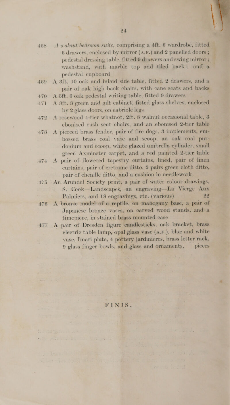 465 AT 4 24  6 drawers, enclosed by mirror (A4.F.) and 2 panelled doors ; washstand, with marble top and tiled back; and a pedestal cupboard A 3ft. 10 oak and inlaid side table, fitted 2 drawers, and a pair of oak high back chairs, with cane seats and backs A 3ft. 6 oak pedestal writing table, fitted 9 drawers A 3ft. 3 green and gilt cabinet, fitted glass shelves, enclosed by 2 glass doors, on eabriole legs A rosewood 4-tier whatnot, 2ft. 8 walnut occasional aie 8 ebonised rush seat chairs, and an ebonised 2-tier table A pierced brass fender, pair of fire dogs, 8 implements, em- bossed brass coal vase and scoop, an oak coal pur- donium and seoop, white glazed umbrella cylinder, small ereen Axminster carpet, and a red painted 2-tier table A pair of flowered tapestry curtains, lined, pair of linen curtains, pair of cretonne ditto, 2 pairs green cloth ditto, pair of chenille ditto, and a cushion in needlework. An Arundel Society print, a pair of water colour drawings, Palmiers, and 18 engravings, etc. (various) — 22 A bronze model of a reptile, on mahogany base, a pair of Japanese bronze vases, on carved wood stands, and a timepiece, in stained brass mounted case A pair of Dresden figure eandlesticks, oak bracket, brass electric table lamp, opal glass vase (A.F.), blue and white vase, Imari plate, 4 pottery jardinieres, brass letter rack, FINIS. a ~ lag y