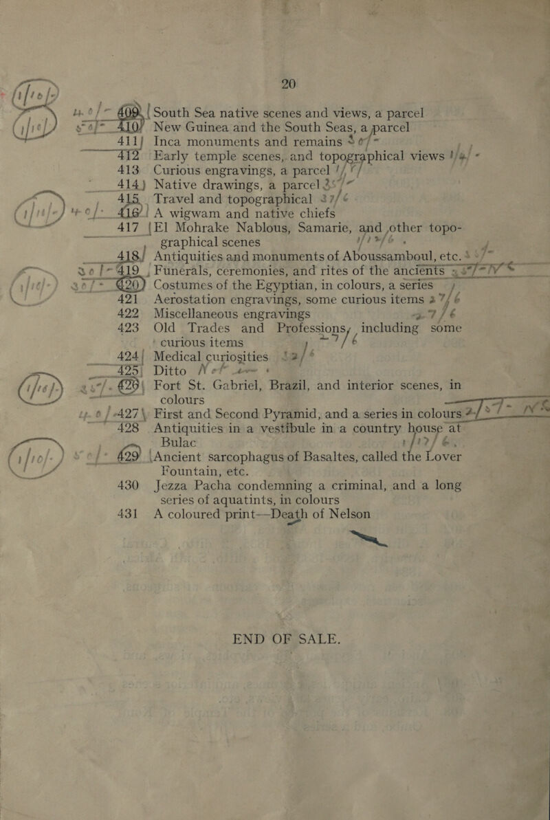 epi by. 0 / | South Sea native scenes and views, a parcel ( fre] Ca) aa New Guinea and the South Seas, a parcel ae 411} Inca monuments and remains s oy 4{2 Early temple scenes, and topographical views !/&amp;) - 413 Curious engravings, a parcel // , __ 414) Native drawings, a parcel 2°” | r) _ A | Travel and topographical 3 Je » (i/itje} el: 416/! A wigwam and native chiefs sae? 417 |El Mohrake Nablous, Samarie, and ,other topo- “graphical scenes irfo , cae, 4is/ Antiquities and monuments of Aboussamboul, etc.s se /-419 , Funerals, ceremonies, and rites of the ancients : Z teres ae 3°) =~ @26) Costumes of the Egyptian, in colours, a series» 4: 421 Aerostation engravings, some curious items 2 ye é 422 Miscellaneous engravings 4 / 6 423 Old Trades and Professions including: some _ ‘ curlous items a / é 1; Medical pups tes | Ditto Nef 2 ( Fort St. Gabter Brazil, and interior scenes, in colours , 1 First and Second Pyramid, and a series in colours. 4/ ° 4 Antiquities in a vestibule in a ea! ig at } - J 2/ é  yor | Bulac 1?/ (i froj/- ) et: £29 Ancient sarcophagus of Basaltes, called te Lowe ke 5 Fountain, etc. 430 Jezza Pacha condemning a criminal, and a long series of aquatints, in colours 431 A coloured print-—Death of Nelson ~~. END OF SALE.