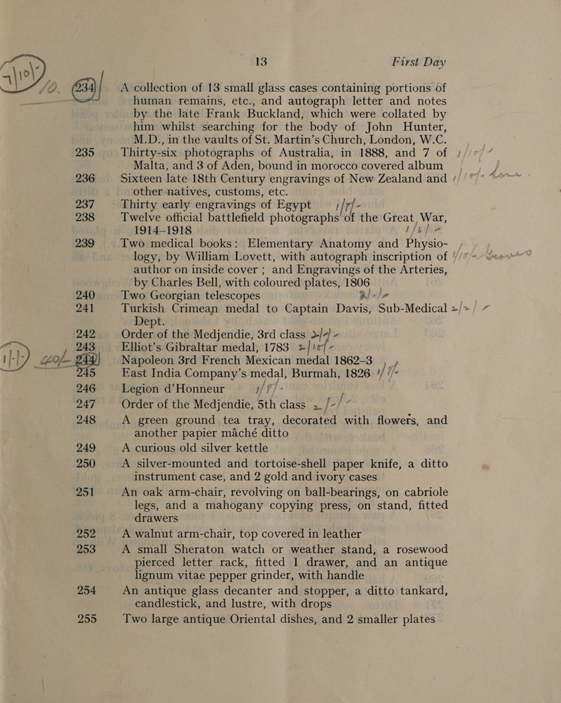 255 A collection of 13 small glass cases containing portions of human remains, etc., and autograph letter and notes by the late Frank Buckland, which were collated by him whilst searching for the body of John Hunter, M.D., in the vaults of St. Martin’s Church, London, W.C. Thirty-six photographs of Australia, in 1888, and 7 of Malta, and 3 of Aden, bound in morocco covered album Sixteen late 18th Century engravings of New Zealand and other natives, customs, etc. Thirty early engravings of Egypt —_;/y/- Twelve official battlefield photographs’ of the ioe wat, 1914-1918 _t/o pe Two medical books: Elementary Anatomy and Enysio- author on inside cover ; and Engravings of the Arteries, by Charles Bell, with coloured plates, aa . Two Georgian telescopes “fo Turkish Crimean medal to Captain Pudi Sub-Medical Dept. Order of the Medjendie, 3rd class &gt;/+) Elliot’s Gibraltar medal, 1783 2 16 (- Napoleon 3rd French Mexican medal 1862-3 a East India Company’s medal, Burmah, 1826 ’ 1/ Ve Legion d’Honneur if F) ; Order of the Medjendie, 5th class 5_ /-/ A green ground tea tray, decorated with flowers, and another papier maché ditto A curious old silver kettle A silver-mounted and tortoise-shell paper knife, a ditto instrument case, and 2 gold and ivory cases An oak arm-chair, revolving on ball-bearings, on cabriole legs, and a mahogany copying press, on stand, fitted drawers A walnut arm-chair, top covered in palais, A small Sheraton watch or weather stand, a rosewood pierced letter rack, fitted 1 drawer, and an antique _lignum vitae pepper grinder, with handle An antique glass decanter and stopper, a ditto tankard, candlestick, and lustre, with drops Two large antique Oriental dishes, and 2 smaller plates Ae