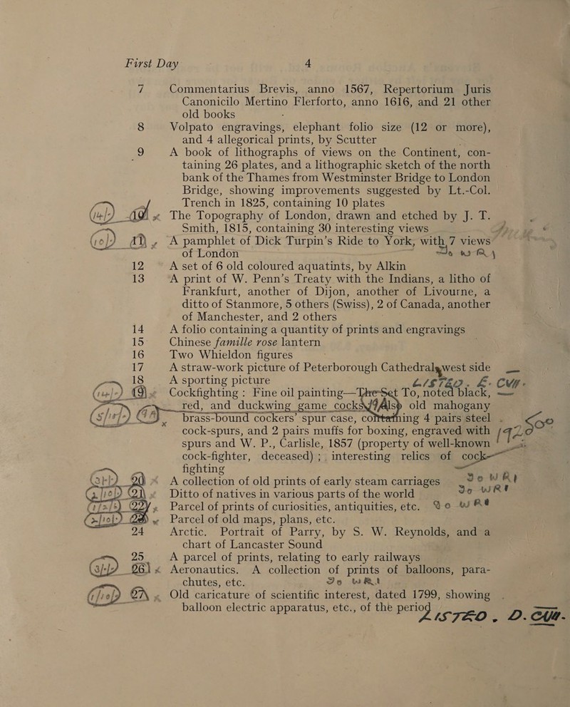 if Commentarius Brevis, anno 1567, Repertorium Juris Canonicilo Mere Flerforto, anno 1616, and 21 other old books 00 Volpato engravings, elephant folio size (12 or more), and 4 allegorical prints, by Scutter 9 A book of lithographs of views on the Continent, con- taining 26 plates, and a lithographic sketch of the north bank of the Thames from Westminster Bridge to London Bridge, showing improvements suggested by Lt.-Col. aah | Trench in 1825, containing 10 plates V4l7 10% « The Topography of London, drawn and etched by J. T. | ; an | Smith, 1815, containing 30 interesting views bier aa * Vols a?) Pia. pamphlet of Dick Turpin’s Ride to York, with,7 views esiy mgs of London ow Q | 12 A set of 6 old coloured aquatints, by Alkin 13 A print of W. Penn’s Treaty with the Indians, a litho of Frankfurt, another of Dijon, another of Livourne, a ditto of Stanmore, 5 others (Swiss), 2 of Canada, another of Manchester, and 2 others   14 A folio containing a quantity of prints and engravings 15 Chinese famille rose lantern 16 Two Whieldon figures 17 A straw-work picture of Peterborough Cathedralgwest side P 18 A sporting picture S7ED. FF: Cur a 2 mp Cockfighting : Fine oil painting—ThesSet To, Mi black, a red, and_duckwing game cocks 9Alsp old mahogany wf) GY brass bound cockers’ spur case, cortafning 4 pairs steel . Soe (12 cock-spurs, and 2 pairs muffs for boxing, engraved with spurs and W. P., Carlisle, 1857 (property of well-known cock-fighter, deceased ; interesting relics of coc fighting : ae 2 A collection of old prints of early steam carriages Jo Ww  ' Ditto of natives in various parts of the world Jor Parcel of prints of curiosities, antiquities, etc. Yo W ae Parcel of old maps, plans, etc. Arctic. Portrait of Parry, by S. W. Reynolds, and a chart of Lancaster Sound  25. A parcel of prints, relating to early railways 3/-) @6)« Aeronautics. A collection of prints of balloons, para- chutes, etc. Jo WA Old caricature of scientific interest, dated 1799, showing balloon electric apparatus, etc., of the perio i Peres STE. D. Mt. 