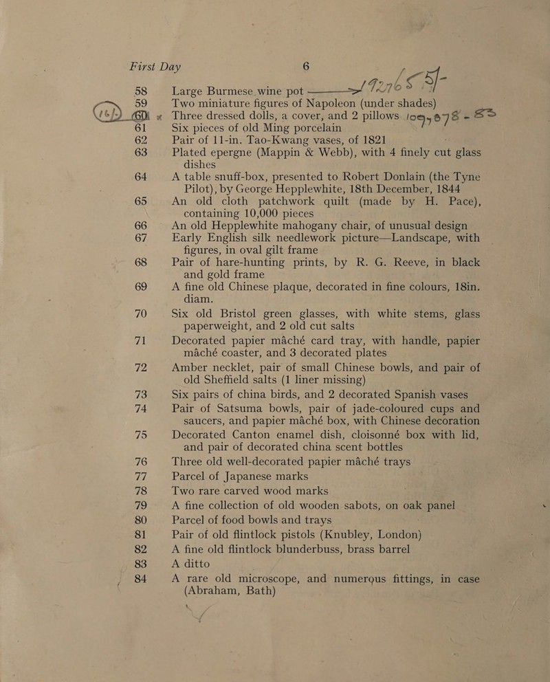   58 59 Large Burmese wine pot ————-&gt; Two miniature figures of Napoleon Hie aha Three dressed dolls, a cover, and 2 pillows 1094878 - s&gt; Six pieces of old Ming porcelain Pair of 11-in. Tao-Kwang vases, of 1821 Plated epergne (Mappin &amp; Webb), with 4 finely cut glass dishes A table snuff-box, presented to Robert Donlain (the Tyne Pilot), by George Hepplewhite, 18th December, 1844 An old cloth patchwork quilt (made by H. Pace), containing 10,000 pieces An old Hepplewhite mahogany chair, of unusual design Early English silk needlework picture—Landscape, with figures, in oval gilt frame Pair of hare-hunting prints, by R. G. Reeve, in black and gold frame A fine old Chinese plaque, decorated in fine colours, 18in. diam. Six old Bristol green glasses, with white stems, glass paperweight, and 2 old cut salts Decorated papier maché card tray, with handle, papier maché coaster, and 3 decorated plates Amber necklet, pair of small Chinese bowls, and pair of old Sheffield salts (1 liner missing) Six pairs of china birds, and 2 decorated Spanish vases Pair of Satsuma bowls, pair of jade-coloured cups and saucers, and papier maché box, with Chinese decoration Decorated Canton enamel dish, cloisonné box with lid, and pair of decorated china scent bottles Three old well-decorated papier maché trays Parcel of Japanese marks Two rare carved wood marks A fine collection of old wooden sabots, on oak eu Parcel of food bowls and trays Pair of old flintlock pistols (Knubley, London) ) A fine old flintlock blunderbuss, brass barrel A ditto A rare old microscope, and numerous fittings, in case (Abraham, Bath) 4