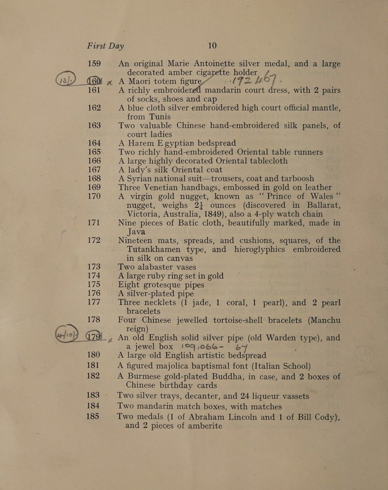  An original Marie Antoinette silver medal, and a large decorated amber cigarette holder / A Maori totem figure~ -/72 4S A richly embroideret. mandarin court dress, with 2 pairs of socks, shoes and cap A blue cloth silver embroidered high court official mantle, from Tunis Two valuable Chinese hand-embroidered silk panels, of court ladies A Harem Egyptian bedspread Two richly hand-embroidered Oriental table runners A large highly decorated Oriental tablecloth A lady’s silk Oriental coat A Syrian national suit—trousers, coat and tarboosh Three Venetian handbags, embossed in gold on leather A virgin gold nugget, known as “ Prince of Wales nugget, weighs 24+ ounces (discovered in Ballarat, Victoria, Australia, 1849), also a 4-ply watch chain Nine pieces of Batic cloth, beautifully marked, made in Java Nineteen mats, spreads, and cushions, squares, of the Tutankhamen type, and hieroglyphics embroidered in silk on canvas Two alabaster vases A large ruby ring set in gold Eight grotesque pipes A silver-plated pipe bracelets Four Chinese jewelled tortoise-shell bracelets (Manchu reign) a. a jewel box !9°9,066G- 6&amp; A large old English artistic bedspread A figured majolica baptismal font (Italian School) A Burmese gold-plated Buddha, in case, and 2 boxes of Chinese birthday cards Two silver trays, decanter, and 24 liqueur vassets Two mandarin match boxes, with matches Two medals (1 of Abraham Lincoln and 1 of Bill Cody), and 2 pieces of amberite