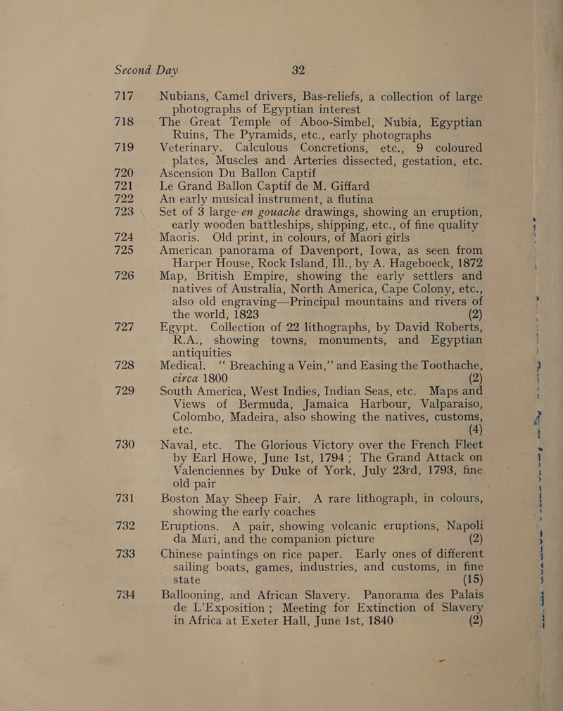 AEA 718 719 720 721 722 723 724 725 726 727 728 729 730 731 732 733 734 Nubians, Camel drivers, Bas-reliefs, a collection of large photographs of Egyptian interest The Great Temple of Aboo-Simbel, Nubia, Egyptian Ruins, The Pyramids, etc., early photographs Veterinary. Calculous Concretions, etc., 9 coloured . plates, Muscles and Arteries dissected, gestation, etc. Ascension Du Ballon Captif Le Grand Ballon Captif de M. Giffard An early musical instrument, a flutina Set of 3 large: en gouache drawings, showing an eruption, early wooden battleships, shipping, etc., of fine quality Maoris. Old print, in colours, of Maori girls American panorama of Davenport, Iowa, as seen from Harper House, Rock Island, Ill., by A. Hageboeck, 1872 Map, British Empire, showing the early settlers and natives of Australia, North America, Cape Colony, etc., also old engraving—Principal mountains and rivers of the world, 1823 (2) Egypt. Collection of 22 lithographs, by David Roberts, R.A., showing towns, monuments, and Egyptian antiquities Medical. ‘‘ Breaching a Vein,” and Easing the Toothache, circa 1800 (2) South America, West Indies, Indian Seas, etc. Maps and Views of Bermuda, Jamaica Harbour, Valparaiso, Colombo, Madeira, also showing the natives, customs, etc. (4) Naval, etc. The Glorious Victory over the French Fleet by Earl Howe, June Ist, 1794; The Grand Attack on Valenciennes by Duke of York, July 23rd, 1793, fine old pair showing the early coaches Eruptions. A pair, showing volcanic eruptions, Napoli da Mari, and the companion picture (2) Chinese paintings on rice paper. Early ones of different sailing boats, games, industries, and customs, in fine state (15) Ballooning, and African Slavery. Panorama des Palais de L’Exposition ; Meeting for Extinction of Slavery in Africa at Exeter Hall, June Ist, 1840 (2) + ee nee mete See poe). ee ee et lee am ee eh 2