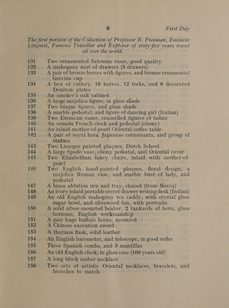9 First Day 131 132 133 134 135 136 137 138 139 140 14] 142 143 144 145 146 147 148 149 150 151 152 153 154 155 156 157 158 all over the world. A mahogany nest of drawers (5 drawers) A pair of bronze horses with figures, and bronze ornamental Grecian cup A box of cutlery, 18 knives, 12 forks, and 6 decorated Doulton plates An smoker’s oak cabinet A large majolica figure, in glass shade Two bisque figures, and glass shade A marble pedestal, and figure of dancing girl (Italian) Two Etruscan vases, enamelled figures of ladies An ormolu French clock and pedestal (ebony) An inlaid mother-of-pearl Oriental coffee table A pair of royal horn Japanese cormorants, and group of statues Two Limoges painted plaques, Dutch School A large Spode vase, ebony pedestal, and Oriental cover Two Elizabethan fancy chairs, inlaid with mother-of- earl Two English hand-painted plaques, floral design, a majolica Roman vase, and marble bust of lady, and pedestal | A brass ablution urn and tray, chased (from Mecca) An ivory inlaid portable secret drawer writing desk (Indian) An old English mahogany tea caddy, with crystal glass sugar bowl, and olivewood fan, with portraits bottoms, English workmanship A pair huge buffalo horns, mounted A Chinese execution sword A thermos flask, solid leather An English barometer, and telescope, in good order Three Spanish combs, and 3 mantillas An old English clock, in glass case (100 years old) A long block amber necklace Two sets of artistic Oriental necklaces, bracelets, and brooches to match