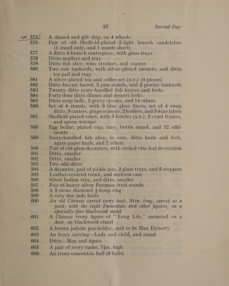 515) 576 577 578 579 580 581 582 583 584 585 586 587 588 589 590 591 592 593 594 595 596 597 598 599 600 601 602 603 604 605 606 27 Second Day A chased and gilt ship, on 4 wheels Pair of old Sheffield-plated 2-light branch candelabra (1 stand only, and 1 nozzle short) A ditto 4-branch centrepiece, with glass trays Ditto snuffers and tray Ditto fish slice, wine strainer, and coaster Two oak tankards, with silver-plated mounts, and ditto ice pail and tray A silver-plated tea and coffee set (A.F.) (4 pieces) Ditto biscuit barrel, 2 jam stands, and 2 pewter tankards Twenty ditto ivory-handled fish knives and forks Forty-four ditto dinner and dessert forks Ditto soup ladle, 2 gravy spoons, and 14 others Set of 4 stands, with 3 blue glass liners, set of 4 swan ditto, 3 casters, grape scissors, 2 holders, and 5 wine labels Sheffield-plated cruet, with 5 bottles (a.F.), 2 cruet frames, and spoon warmer Egg boiler, plated cup, tray, bottle stand, and 12 odd- ments Ivory-handled fish slice, in case, ditto knife and fork, agate paper knife, and 7 others Pair of cut-glass decanters, with etched vine leaf decoration Ditto, smaller Ditto, smaller Two odd ditto A decanter, pair of pickle jars, 2 glass trays, and 5 stoppers Leather-covered trunk, and uniform case Silver Indian tray, and ditto, smaller Pair of heavy silver Burmese fruit stands A 5-stone diamond $-hoop ring A very fine jade knife An old Chinese carved ivory tusk, 3lin. long, carved as a gunk, with the eight Immortals and other figures, on a specially fine blackwood stand A Chinese ivory figure of “‘ Long Life, deer, on blackwood stand A brown jadeite pen-holder, said to be Han Dynasty An ivory carving—Lady and child, and stand Ditto—Man and figure A pair of ivory tusks, 74in. high An ivory concentric ball (9 balls) ) mounted on a