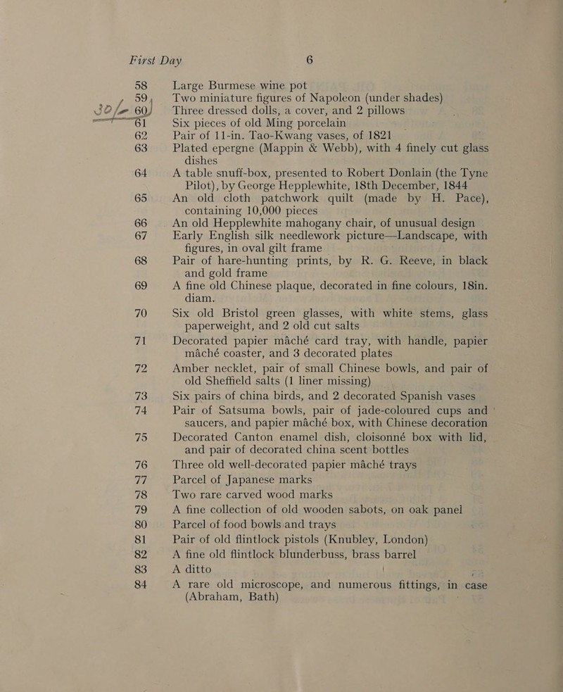 58 , 59, 2 fo. 60) “61 62 63 64 65 66 67 68 69 70 71 Large Burmese wine pot Two miniature figures of Napoleon (under shades) Three dressed dolls, a cover, and 2 pillows Six pieces of old Ming porcelain Pair of 11-in. Tao-Kwang vases, of 1821 Plated epergne (Mappin &amp; Webb), with 4 finely cut oak dishes A table snuff-box, presented to Robert Donlain (the Tyne Pilot), by George Hepplewhite, 18th December, 1844 An old cloth patchwork quilt (made by H. Pace), containing 10,000 pieces An old Hepplewhite mahogany chair, of unusual design Early English silk needlework picture—Landscape, with figures, in oval gilt frame Pair of hare-hunting prints, by R. G. Reeve, in black and gold frame A fine old Chinese plaque, decorated in fine colours, 18in. diam. Six old Bristol green glasses, with white stems, glass paperweight, and 2 old cut salts Decorated papier maché card tray, with handle, papier maché coaster, and 3 decorated plates Amber necklet, pair of small Chinese bowls, and pair of old Sheffield salts (1 liner missing) Six pairs of china birds, and 2 decorated Spanish vases Pair of Satsuma bowls, pair of jade-coloured cups and ° saucers, and papier maché box, with Chinese decoration Decorated Canton enamel dish, cloisonné box with lid, and pair of decorated china scent bottles Three old well-decorated papier maché trays Parcel of Japanese marks Two rare carved wood marks A fine collection of old wooden sabots, on oak panel Parcel of food bowls and trays Pair of old flintlock pistols (Knubley, London) A fine old flintlock blunderbuss, brass barrel A ditto A rare old microscope, and numerous fittings, in case (Abraham, Bath)