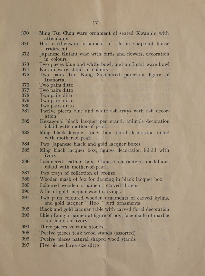 370 371 372 373 374 375 376 377 378 379 380 381 382 383 384 385 386 387 388 389 390 391 392 393 394 395 396 397 17 Ming Tsu Chou ware ornament of seated Kwannin with attendants — | Han earthenware ornament of tile in shape of house irridescent Japanese Kutani vase with birds and flowers, decoration in colours Two pieces blue and white bowl, and an Imari ware bowl Kutani ware stand in colours Two pairs Tao Kang 3-coloured porcelain figure of Inamortal Two pairs ditto Two pairs ditto Two pairs ditto Two pairs ditto Two pairs ditto Twelve pieces blue and white ash trays with fish decor- ation Hexagonal black lacquer pen stand, animals decoration inlaid with mother-of-pearl Ming black lacquer toilet box, floral decoration inlaid with mother-of-pearl Two Japanese black and gold lacquer boxes Ming black lacquer box, figures decoration inlaid with ivory Lacquered leather box, Chinese characters, medallions inlaid with mother-of-pearl Two trays of collection of bronze Wooden mask of fox for dancing in black lacquer box Coloured wooden ornament, carved dragon A lot of gold lacquer wood carvings Iwo pairs coloured wooden ornaments of carved kylins, and gold lacquer “‘ Hoo ”’ bird ornaments Black and gold lacquer table with carved floral decoration Chien Lung ornamental figure of boy, face made of marble and hands of ivory 7 : Three pieces volcanic stones Twelve pieces teak wood stands (assorted) Twelve pieces natural shaped wood stands Five pieces large size ditto
