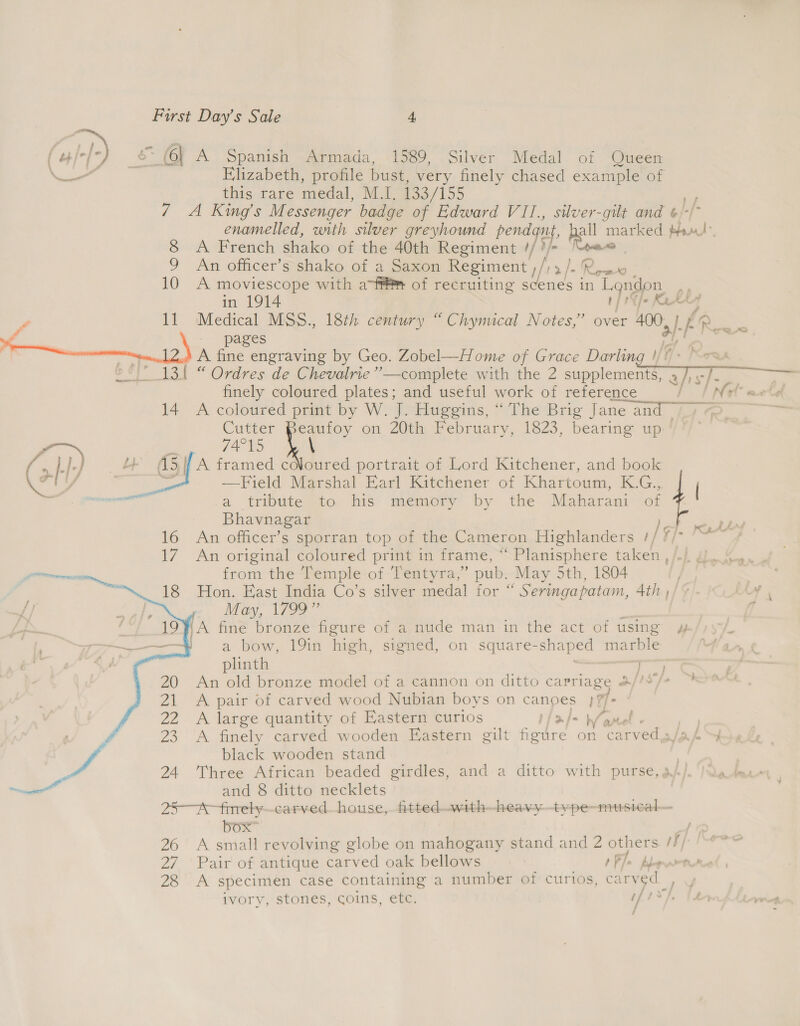 ( side &amp;~ (6 A Spanish Armada, 1589, Silver Medal of Queen 3 ae CR Elizabeth, profile bust, very finely chased example of this rare medal, M.I. 133/155 7 &lt;A King’s Messenger badge of Edward VII., silver-gilt and ¢/- ./- enamelled, with silver greyhound pendent, | all aes Haat 8 A French shako of the 40th Regiment // | | 9 An officer’s shako of a Saxon Regiment ,/ &gt; /. es 0 0 A moviescope with a-f¥™ of recruiting scenes in Landon, in 1914 tf 1% )* Kathy 11 Medical MSS., 18th century “Chymical Notes,” over 400: &gt; f { e $a) ne . A fine engraving by Geo. Zobel—Home of Grace Darling !/ iq. 131 “ Ordres de Chevatrie’”’—complete with the 2 supplements, 3 . al treo er 1  14 A coloured print by W. J. Huggins, “ The Brig Jane and . Cutter i on 20th February, 1823, bearing up 74°15 a 4+ = 45// A framed coloured portrait of Lord Kitchener, and book if a —Field Marshal Earl Kitchener of Khartoum, K.G., | anil a tribute to his memory by the Maharani of Bhavnagar   16 An officer’s sporran top of the Cameron Highlanders | 7 iat 17 An original coloured print in frame, “‘ Planisphere taken , — from the Temple of Tentyra,” pub. May 5th, 1804 18 Hon. East India Co’s silver medal for “ Seringapatam, 4th ;/ + May, 1799” 1A fine bronze figure of a nude man in the act of using 4 / a bow, 19in high, signed, on square- shaped tiarble Ham, &amp; plinth ey An old bronze model of a cannon on ditto carriage &amp;//S/+ &gt; A pair of carved wood Nubian boys on canoes }f/- A large quantity of Eastern curios pf a]~ \/arel - A finely carved wooden Eastern gilt figure on carved,s j e black wooden stand ‘4 24 Three African beaded girdles, and a ditto with purse, aL Yo ey ~ and 8 ditto necklets 25“ -firely--carved_house,. fitted..with-—-heav-y--type-musical— box ee 26 A small revolving globe on mahogany stand and 2 others itp we 27 Pair of antique carved oak bellows PPL e ble OMe 28 A specimen case containing a number of curios, c: arved y ivory, stones, coins, etc. i] $Y], {he