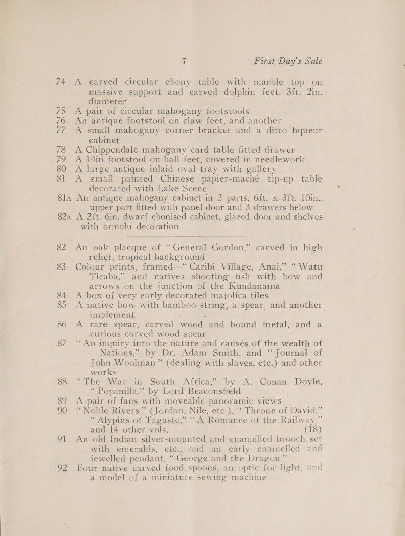 74 HS 76 77 78 79 80 81 SLA 824 82 83 84 85 86 87 88 89 90 ol 92 6 First Day’s Sale A carved circular ebony table with marble top on massive support and carved dolphin feet, 3ft. 2in. diameter A pair of circular mahogany footstools An antique footstool on claw feet, and another A small mahogany corner bracket and a ditto liqueur cabinet A Chippendale mahogany card table fitted drawer A 14in footstool on ball feet, covered in needlework A large antique inlaid oval tray with gallery A small painted Chinese papier-mache tip-up table decorated with Lake Scene An antique mahogany cabinet in 2 parts, 6ft. x 3ft. 10in., upper part fitted with panel door and 3 drawers below A 2ft. 6in. dwarf ebonised cabinet, glazed door and shelves with ormolu decoration An oak placque of “General Gordon,’ carved in high relief, tropical background Colour prints, framed—‘ Caribi Village, Anai,” “ Watu Ticaba,’ and natives shooting fish with bow and arrows on the junction of the Kundanama A. box of very carly decorated majolica tiles A native bow with bamboo hed a spear, and another implement mW Tare ispear, carved eheds and bound metal, and a curious carved wood spear “An inquiry into the nature and causes of the wealth of Nations, by) Dr. Adami-Smith, and: “journal ot John Woolman ” (dealing with slaves, etc.) and other works ‘ie ai aenam sjouth) Aigica, by Ay +Conan- *Doytle, “ Popanilla,” by Lord Beaconsfield A pair of fans with moveable panoramic views “ Noble, Rivers” (Jordan, Nile, etc.),.° Throne.of David,” “ Alypius.of Tagaste,” “A Romance of the Railway,” and 14 other vols. (18) An old Indian silver-mounted and enamelled brooch set with emeralds, etc., and an early enamelled and jewelled pendant, “ George and the Dragon” Four native carved food spoons, an optic for light, and a model of a miniature sewing machine
