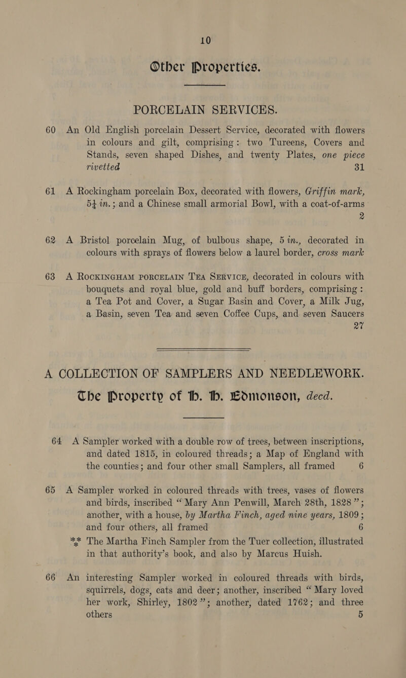 Other Properties. PORCELAIN SERVICES. in colours and gilt, comprising: two Tureens, Covers and Stands, seven shaped Dishes, and twenty Plates, one piece rivetted 31 54. im.; and a Chinese small armorial Bowl, with a coat-of-arms 2 colours with sprays of flowers below a laurel border, cross mark a Tea Pot and Cover, a Sugar Basin and Cover, a Milk Jug, a Basin, seven Tea and seven Coffee Cups, and seven Saucers | a7 and dated 1815, in coloured threads; a Map of England with the counties; and four other small Samplers, all framed 6 66 An and birds, inscribed “ Mary Ann Penwill, March 28th, 1828” ; another, with a house, by Martha Finch, aged nine years, 1809 ; and four others, all framed 6 The Martha Finch Sampler from the Tuer collection, illustrated in that authority’s book, and also by Marcus Huish. interesting Sampler worked in coloured threads with birds, squirrels, dogs, cats and deer; another, inscribed “ Mary loved her work, Shirley, 1802”; another, dated 1762; and three others 5