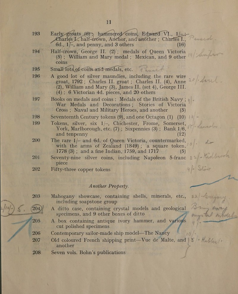  193 195 t1 6d., 1 and penny, and 3 others _ (16) (5) ; William and Mary medal; Mexican, and 9 other coins _ . mrss) oo’ A good ae of silver meant. ited the rare wire (4).; 6 Victorian 4d. pieces, and 20 others ‘War Medals and Decorations; Stories of Victoria Cross ; Naval and Military Heroes, and another (5) Seventeenth Century tokens (9), and one Octagon (1) (10) Tokens, silver, six 1/-, Chichester, Frome, Somerset, York, Marlborough, ete. (7) ; Sixpennies (3) ; Bank 1/6, and tenpenny | (12) The rare 1/— and 6d. of Queen Victoria, countermarked, with the arms of Zealand (1849); a square token, 1778 (3) ; and a fine Indian, 1759, and 1717” (5) Seventy-nine silver coins, including Napoleon 5-franc piece Another Property. Mahogany showcase, containing shells, minerals, etc., __ Including soapstone group specimens, and 9 other boxes of ditto A box containing antique ivory hammer, and v cut polished specimens Contemporary sailor-made ship model—The Nagy  another — Seven vols. Bohn’s publications .