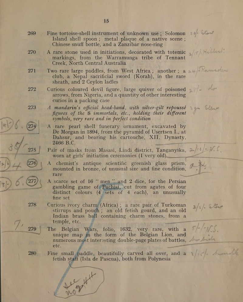 269  eal 15 Fine tortoise-shell instrument of unknown use ; Solomon Island shell spoon ;. metal plaque of a native scene ; Chinese snuff bottle, and a Zanzibar nose-ring _ markings, from the Warramunga tribe of Tennant Creek, North Central Australia club, a Nepal sacrificial sword (Korah), in the rare sheath, and 2 Ceylon ladles | Curious coloured devil figure, large quiver of poisoned arrows, from Nigeria, and a quantity of other interesting curios in a packing case A mandarin’s offictal head-band, with silver-gilt repoussé figures of the 8 immortals, etc., holding their dtfferent symbols, very vave and in perfect condition De Morgan in 1894, from the pyramid of Usertsen I.» at Dahsur, and bearing his partoucne, XII.: Dynasty, Pair of masks from Masasi, Lindi. district, Scarica, worn at girls’ initiation ceremonies (1 very old)... mounted in bronze, of unusual size and fine condition, rare A scarce set:of 16 ‘ men gambling game of?Pachisi,.cut from agates of four distinct colours cr ‘sets of 4 each), an unusually fine set ,  stirrups and pouch; an old fetish gourd, and an old Indian brass ball containing charm stones, from a va fars, folio, 1632, very. rare, with a unique map in numerous m¢ etc.     st interesting double-page plates of battles, § adie, beautifully carved all over, he a (Isla de Pascua), both from Polynesia Fine small