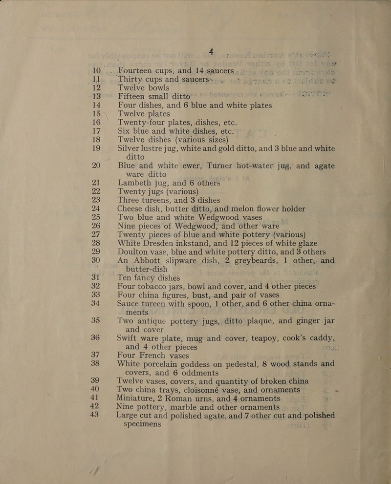 43 Twelve bowls aay Fiftéen small“dittom Pere vleha baat i ie Four dishes, and 6 blue and white sites Twelve plates Twenty-four plates, dishes, etc. Six blue and white dishes, etc. Twelve dishes (various sizes) Silver lustre jug, white and gold ditto, and 3 blue and white Blue and white ewer, Turner hot-water jug, and agate Lambeth jug, and 6 others Twenty jugs (various) Three tureens, and 3 dishes Cheese dish, butter ditto, and melon flower holder Two blue and white Wedgwood vases Nine pieces of Wedgwood, and other ware | Twenty pieces of blue and white pottery (various) White Dresden inkstand, and 12 pieces of white glaze Doulton vase, blue and white Nae a ditto, and 3 others An Abbott slipware. dish, 2 greybeards, 1 other, and butter-dish | a Fe ‘2. Ten fancy dishes Four tobacco jars, bowl and cover, and 4 other pieces Four china figures, bust,.and pair of vases Sauce tureen with spoon, | other, and 6 other china orna- ments Two antique pottery jugs, ditto plaque, and ginger jar and cover Swift ware plate, mug and cover, teapoy, cook’s faucet and 4 other pieces ae ee Four French vases White porcelain goddess on pedestal, 8 wood. stands and | covers, and 6 oddments Twelve vases, covers, and quantity of broken china Two china trays, cloisonné vase, and ornaments _ “ Miniature, 2 Roman urns, and 4 ornaments 4. y- Nine pottery, marble and other ornaments Large cut and polished agate, and 7 other cut and | polished specimens