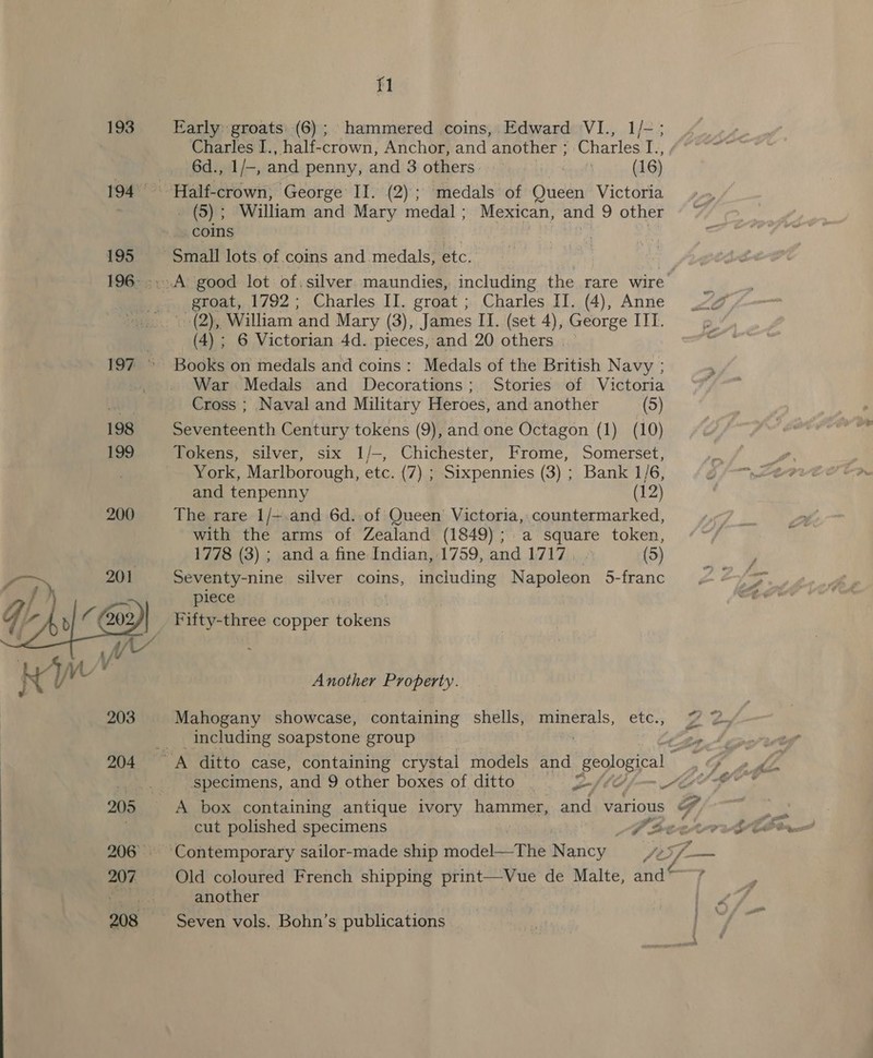 {1 193 Early groats (6) ; hammered coins, Edward VI., 1/-; Charles I., half-crown, Anchor, and another ; Charles I., | esaipaigil (-, and penny, and 3 others aud (16) 194° Half-crown, George II. (2) ; medals of Queen Victoria : (5) ; William and Mary medal; Mexican, and 9 other coins 195 Small lots. of.coins and medals, Bic: 196--:A good lot of.silver. maundies, including the rare wire groat, 1792; Charles II. groat ; Charles II. (4), Anne (2), William and Mary (3), James II. (set 4), George ITT. : (4); 6 Victorian 4d. pieces, and 20 others | 197 » Books on medals and coins: Medals of the British Navy ; | War Medals and Decorations; Stories of Victoria Vink Cross ; Naval and Military Heroes, and another (5) 198 Seventeenth Century tokens (9), and one Octagon (1) (10) 199 Tokens, silver, six 1/—-, Chichester, Frome, Somerset, York, Marlborough, etc. (7) ; Sixpennies (3) ; Bank 1/6, and tenpenny (12) 200 The rare 1/—.and 6d. of Queen’ Victoria, countermarked, with the arms of Zealand (1849); a square token, 1778 (3) ; and a fine Indian, 1759, and 1717, » (5) Seventy-nine silver coins, including Napoleon 5-franc piece Fifty-three copper tokens Another Property.  Mahogany showcase, containing shells, minerals, etc., 7 % —_— __ including soapstone group ae, 204 A ditto case, containing crystal models and “geological iz -_.. Specimens, and 9 other boxes of ditto _ wef le LEO GO 205 A box containing antique ivory hammer, and various Gf, . cut polished specimens PEasewvr , 206 Contemporary sailor-made ship model—The Nancy FES | oan 207 Old coloured French shipping print—Vue de Malte, and — r se another 208 _ Seven vols. Bohn’s publications oe