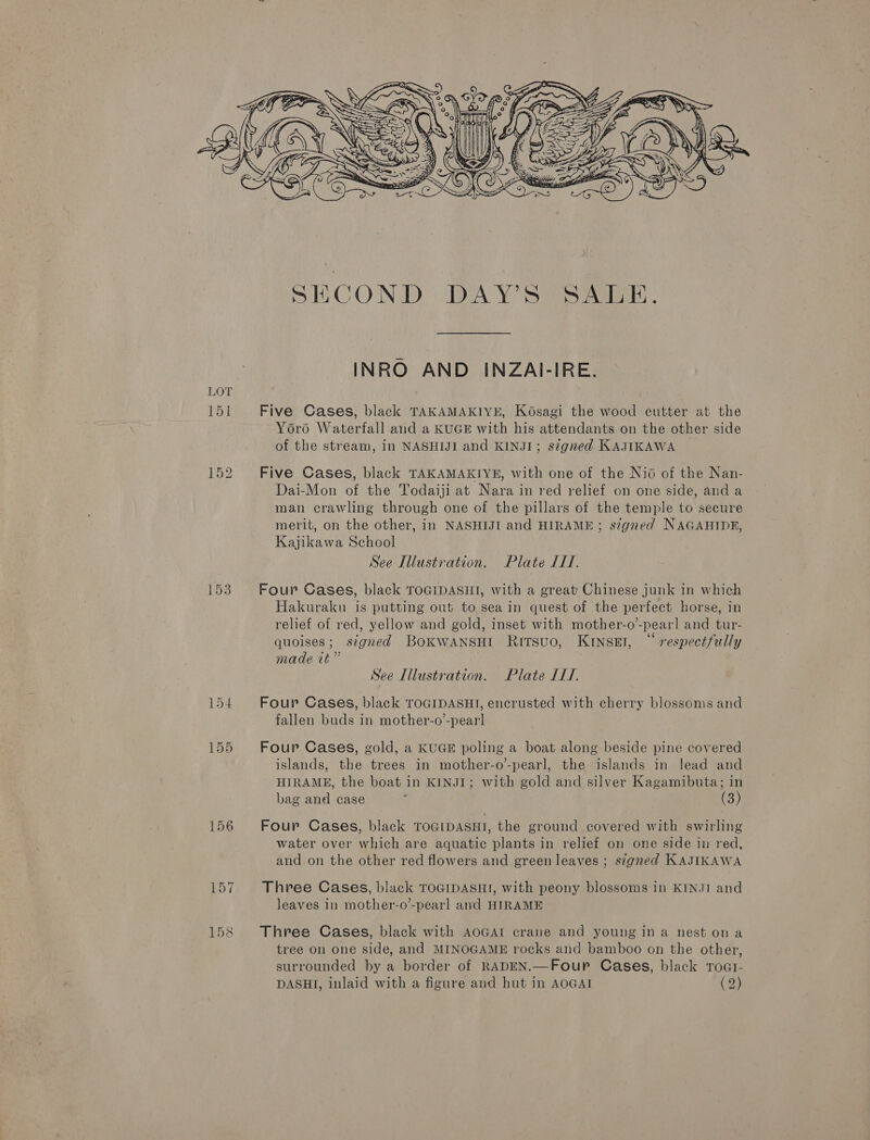 LOT 151 153 156 157  INRO AND INZAI-IRE. Five Cases, black TAKAMAKIYE, Kosagi the wood cutter at the Yoro Waterfall and a KUGE with his attendants on the other side of the stream, in NASHIJI and KINJI; signed KAJIKAWA Five Cases, black TAKAMAKIYE, with one of the Nid of the Nan- Dai-Mon of the Todaiji at Nara in red relief on one side, anda man crawling through one of the pillars of the temple to secure merit, on the other, in NASHIJI and HIRAME ; signed NAGAHIDE, Kajikawa School See Illustration. Plate TT. Four Cases, black TOGIDASHI, with a great Chinese junk in which Hakuraku is putting out to sea in quest of the perfect horse, in relief of red, yellow and gold, inset with mother-o-pearl and tur- quoises; signed BokwANsH1 Ritsuo, Kinser, “respectfully made it” See Illustration. Plate [1]. Four Cases, black TOGIDASHI, encrusted with cherry blossoms and fallen buds in mother-o’-pear] Four Cases, gold, a KUGE poling a boat along beside pine covered islands, the trees in mother-o-pearl, the islands in lead and HIRAME, the boat in KINJI; with gold and silver Kagamibuta; in bag and case f (3) Four Cases, black TOGIDASHI, the ground covered with swirling water over which are aquatic plants in relief on one side in red, and on the other red flowers and green leaves ; stgned KAJIKAWA Three Cases, black TOGIDASHI, with peony blossoms in KINJI and leaves in mother-o’-pearl and HIRAME Three Cases, black with AOGALt crane and young in a nest ona tree on one side, and MINOGAME rocks and bamboo on the other, surrounded by a border of RADEN.—Four Cases, black To«t-