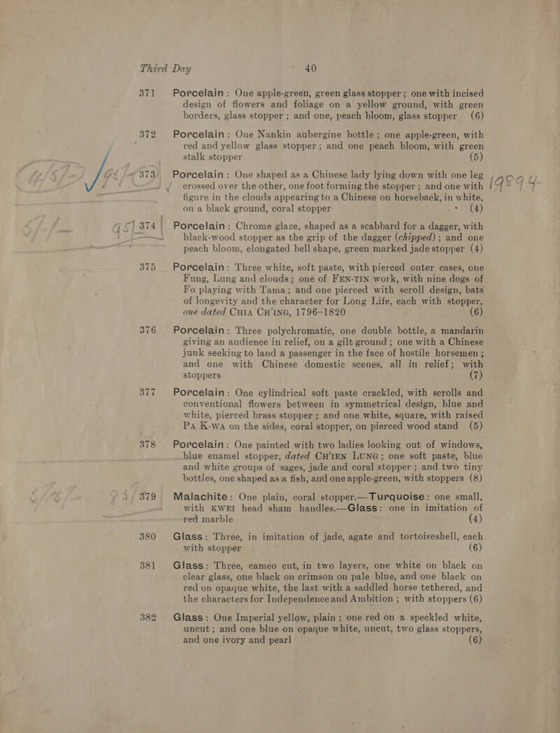 371 372 373 — ee 376 377 378 O19 380 381 382 — Porcelain: One apple-green, green glass stopper; one with incised design of flowers and foliage on a yellow ground, with green borders, glass stopper ; and one, peach bloom, glass stopper (6) Porcelain: One Nankin aubergine bottle; one apple-green, with red and yellow glass stopper: and one peach bloom, with green stalk stopper (5) Porcelain : One shaped as a Chinese lady lying down with one leg crossed over the other, one foot forming the stopper; and one with figure in the clouds appearing to a Chinese on horseback, in white, on a black ground, coral stopper &gt; (4) black-wood stopper as the grip of the dagger (chipped); and one peach bloom, elongated bell shape, green marked jade stopper (4) Porcelain: Three white, soft paste, with pierced outer cases, one Fung, Lung and clouds; one of FEN-TIN work, with nine dogs of Fo playing with Tama; and one pierced with scroll design, bats of longevity and the character for Long Life, each with stopper, one dated CHiA CH'ING, 1796-1820 (6) Porcelain: Three polychromatic, one double bottle, a mandarin giving an audience in relief, on a gilt ground ; one with a Chinese junk seeking to land a passenger in the face of hostile horsemen ; and one with Chinese domestic scenes, all in relief; with stoppers (7) Porcelain: One cylindrical soft paste crackled, with scrolls and conventional flowers between in symmetrical design, blue and white, pierced brass stopper ; and one white, square, with raised Pa K-wa on the sides, coral stopper, on pierced wood stand (5) Porcelain: One painted with two ladies looking out of windows, blue enamel stopper, dated CHIEN LUNG; one soft paste, blue and white groups of sages, jade and coral stopper ; and two tiny bottles, one shaped as a fish, and one apple-green, with stoppers (8) Malachite: One plain, coral stopper.—Turquoise: one small, with KWEI head sham handles.—Glass: one in imitation of red marble (4) Glass: Three, in imitation of jade, agate and tortoiseshell, each with stopper (6) Glass: Three, cameo cut, in two layers, one white on black on clear glass, one black on crimson on pale blue, and one black on red on opaque white, the last with a saddled horse tethered, and the characters for Independence and Ambition ; with stoppers (6) Glass: One Imperial yellow, plain ; one red on a speckled white, uneut ; and one blue on opaque white, uncut, two glass stoppers,