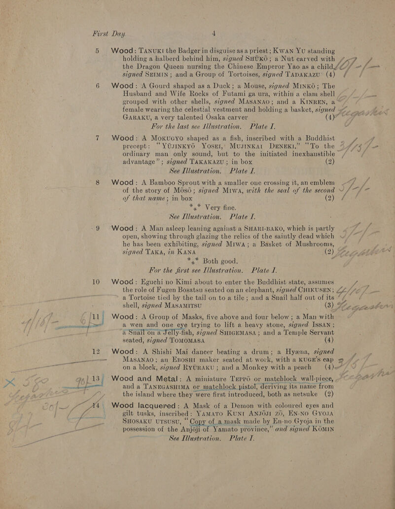 5 6 10 i: GGA ES Wood: TANUKI the Badger in disguise as a priest; KWAN YU standing holding a halberd behind him, szgned SHUKO ; a Nut carved with Po fA the Dragon Queen nursing the Chinese Pe nerai Yao as a child g” signed SEIMIN; and a Group of Tortoises, signed TADAKAzU' (4) ¢ Wood: A Gourd shaped as a Duck; a: Mouse, signed Minko; The Husband and Wife Rocks of Futami ga ura, within a clam shell » es grouped with other shells, szgned MASANAO; and a KINREN, a female wearing the spibatial vestment and holding a basket, signed GARAKU, a very talented Osaka carver (4)” For the last see Illustration. Plate I. Wood: A Moxkueyo shaped as a fish, inscribed with a Buddhist J ‘&lt; = - La a a) y precept: YUJINKYO YOSEI,’; MUJINKAi DENEKI, To the ordinary man only sound, but to the initiated inexhaustible - advantage”; signed TAKAKAZU ; in box | (2) See Illustration. Plate J. Wood: A Bamboo Sprout with a smaller one crossing it, anemblem_ of the story of Moso; signed Miwa, with the seal of the second of that name ; in box (2) /: *,* Very fine. See Illustration. Plate I. Wood: A Man asleep leaning against a SHARI-BAKO, which is partly open, showing through glazing the relics of the saintly dead which he has been exhibiting, stgned Miwa; a Basket of Mushrooms, signed TAKA, in KANA (2) *,* Both good. . For the first see Illustration. Plate J. Wooa: Eguchi no Kimi about to enter the Buddhist state, assumes Va the role of Fugen Bosatsu seated on an elephant, signed CHIKUSEN; 24/72 / a Tortoise tied by the tail on to a tile; and a Snail half out ofits “f ' p shell, stgred MASAMITSU (3) Wea. Wood: A Group of Masks, five above and four below; a Man with a wen and one eye trying to lift a heavy stone, signed ISSAN ; a Snail on a Jelly-fish, ségned SHIGEMASA ; and a Temple Servant seated, signed TOMOMASA , (4) Wood: A Shishi Mai dancer beating a drum; a Hyena, signed MASANAO; an EBosHt maker seated at work, with a KUGE’S cap @ on a block, signed RYURAKU ; and a Monkey with a peach (4) A miniature Treppo or matchlock wall- -plece, al and a TANEGASHIMA or matchlock pistol, deriving its name from the island where they were first introduced, both as netsuke (2) Wood lacquered: A Mask of a Demon with coloured eyes and gilt tusks, inscribed : Yamato Kuni ANJOJI ZO, EN-NO GYOJA SHOSAKU UTSUSU, “ Copy of a mask made by En- no Gyoja in the possession of cy ‘Anjo of Yamato province,” and signed KOMIN See Illustration. Plate I. \ ,