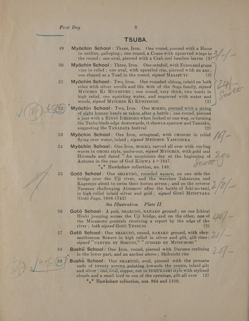 SA cneenn ar NCCU 49 50 dL 53 D4 56 TSUBA. Myochin School: Three, Iron. the round; one oyal, pierced with a Crab and bamboo leaves (3) :- Three, Iron. One octafoil, with Foxes and grape ) one oval, with upeurled rim, pierced with an axe; | (3) | \ Myochin School vine in relief ; one shaped as a Toad in the round, signed MASAFUYU One rounded oblong, inlaid on both Myochin School: Two, Iron. MyocHIn Kit MUNEFURU ; one round, very thick, two toads in high relief, one squirting water, and engraved with water and weeds, segned MYOCHIN K1 KUNITSUGU Two, Iron. One MOKKO, pierced with a string of eight human heads as taken after a battle; one round, pierced a jour with a Rinro ICHIDORO when looked at one way, or turning the ‘l'suba blade edge downwards, it shows a sparrow and Tanzaku, suggesting the TANABATA festival (2) Myochin School: One Iron, octagonal, with CHIDORI in relief flying over water, inlaid ; segned MYOCHIN YASUCHIKA Myochin School: One Iron, MOKKO, carved all over with curling waves in OMORI style, under- cut, signed MYOCHIN, with gold seal Hirosada and dated Autumn in the year of God Koxwa 4 = 1847 Sg! *,* Hawkshaw collection, no. 148. Y Goto School: One sHAKUDO, rounded square, on one side the bridge over the Uji river, and the warriors ‘Vakatsuna and Kagesuye about to swim their horses across ; and on the reverse in high relief inlaid silver and gold; signed Goto MITSUTADA (Gots Jugo, 1686-1742) See Illustration. Plate I. Goto School: A pair, SHAKUDO, NANAKO ground; on one Ichirai the Minamoto generals receiving a report by the edge of the river ; both signed GOTO YETSUJO (2) Goto School: santhemum flowers in high relief in silver and gilt, gilt rims ; signed “CARVED BY Soxkuso,”: “JUDGED BY MITSUMORI” Bushu School: One Iron, round, pierced with Daruma reclining in the lower part, and an anchor above ; Shibuichi rim Bushu School: One SHAKUDO, oval, pierced with the pennate ends of twenty arrows. pointing tow ards the centre, inlaid gilt and silver ; one, oval, copper, cut in ITOZUKASHI style with stylised clouds and a small binds in one of the openings, gilt all over (2) *,* Hawkshaw collection, nos. 964 and 1109.