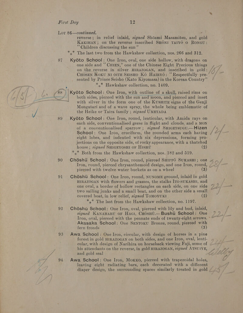 89 90 sy es. reverse; in relief inlaid, stgned Shoami Masamitsu, and gold KAKIHAN ; on the reverse inscribed SHONI TAIYO O RONGU: ‘Children discussing the sun” *,* The last two from the Hawkshaw collection, nos. 266 and 312. Kyoto School \ One Iron, oval, one side hollow, with dragons on one side and “ CHIEN,” one of the Chinese Eight Precious things sented by Prince Seisho (Kato Kiyomasa) in the Korean Country” *.* Hawkshaw collection, no. 1409. both sides, pierced with the sun and moon, and pierced and inset with silver in the form one of the KUSHITE signs of the Genji Mongatari and of a wave spray, the whole being emblematic of the Heike or Taira family ; s¢gned UMETADA Kyoto School: One Iron, round, lenticular, with Amida rays on each side, conventionalised geese in flight and clouds, and a MON of a conventionalised sparrow; s¢gned SHIGETSUGU.—Hizen eight lobes, and indented with six depressions, forming pro- jections on the opposite side, of rocky appearance, with a thatched house; signed SHIGEYOSHI OF H1SHU (2) *,* Both from the Hawkshaw collection, nos. 182 and 519. Iron, round, pierced chrysanthemoid design, and one Iron, round, . pierced with twelve water buckets as on a wheel 3 Chosht School: One Iron, round, NUNOME ground, inlaid in gold HIRAZOGAN with flowers and grasses, the stalks ITO-SUKASHI, and one oval, a border of hollow rectangles on each side, on one side two sailing junks and a small boat, and on the other side a small covered boat, in low relief, signed TOMOYUKI (2) *,* The last from the Hawkshaw collection, no. 1197. Chodshu School: One Iron, oval, pierced with lily and bud, inlaid, signed KANAHARU OF Haci, CHOsHU.—Bushu School: One Iron, oval, pierced with the pennate ends of twenty-eight arrows. Akasaka School: One Sentoxu Bronze, round, pierced with fern fronds (3) Awa School : One Iron, circular, with design of horses in a pine forest in gold HIRAZOGAN on both sides, and one Iron, oval, lenti- cular, with design of Narihira on horseback viewing Fuji, some of his attendants on the reverse, in gold HIRAZOGAN, signed ATSUIYE, and gold seal Awa School: One Iron, MoxKo, pierced with trapezoidal holes, leaving eight radiating bars, each decorated with a different diaper design, the surrounding spaces similarly treated in gold