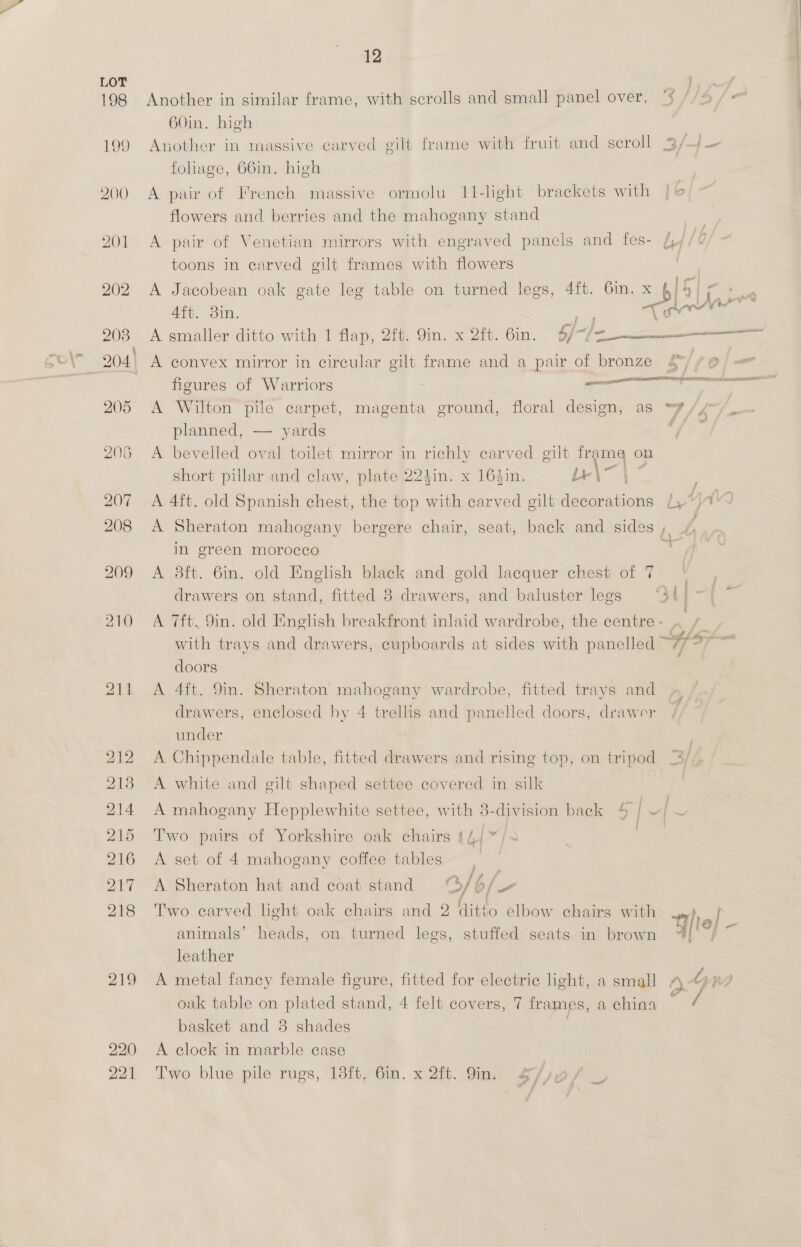 198 Another in similar frame, with scrolls and small panel over, {5 //5/&lt; 60in. high 199 Another in massive carved gilt frame with fruit and scroll fohage, 66in. high 200 A pair of French massive ormolu 11-light brackets with }&amp; flowers and berries and the mahogany stand i 5 ‘ . Y . . . “ 7 2 | j 201 A pair of Venetian mirrors with engraved panels and fes- ¢,/ toons in carved gilt frames with flowers | 202 A Jacobean oak gate leg table on turned legs, 4ft. 6in. x §) 4! @ : “ j ats ee Afi, Bin. . Pa he ® yw = 203. A smaller ditto with 1 flap, 2f. 9in. x 2ft. 6in. 9 $/-7-2——-——————— a  figures of Warriors ee eee ot ee 205 &lt;A Wilton’ pile carpet, magenta ground, floral design, as “7 /4~/__- planned, — yards £9 206 A bevelled oval toilet mirror in richly carved gilt fram@ on short pillar and claw, plate 224in. x 164in. Fe ae ’ 207 A 4ft. old Spanish chest, the top with carved gilt decorations 1,“ 208 &lt;A Sheraton mahogany bergere chair, seat, back and sides ,, é in green morocco 209 A 3ft. 6in. old English black and gold lacquer chest of 7 ‘ drawers on stand, fitted 8 drawers, and baluster legs “si i 210 A 7ft. 9in. old English breakfront inlaid wardrobe, the centre - ay se with trays and drawers, cupboards at sides with panelled oo ae doors 211 A 4ft. 9in. Sheraton mahogany wardrobe, fitted trays and drawers, enclosed by 4 trellis and panelled doors, drawer under Newt : } 212 A Chippendale table, fitted drawers and rising top, on tripod “3//, 2138 A white and gilt shaped settee covered in silk 214 A mahogany Hepplewhite settee, with 3-division back 5 lol 215 Two pairs of Yorkshire oak chairs tL a 216 A set of 4 mahogany coffee tables 217 A Sheraton hat and coat stand O/6/ “ 218 Two carved light oak chairs and 2 dittio elbow chairs with ; f animals’ heads, on turned legs, stuffed seats in brown Ei : leather 3 219 A metal fancy female figure, fitted for electric light, a small 4 yy oak table on plated stand, 4 felt covers, 7 frames, a china ee basket and 8 shades | 220 A clock in marble case 221 Two blue pile rugs, 13ft, 6in, x 2M. 9n. S/yy/