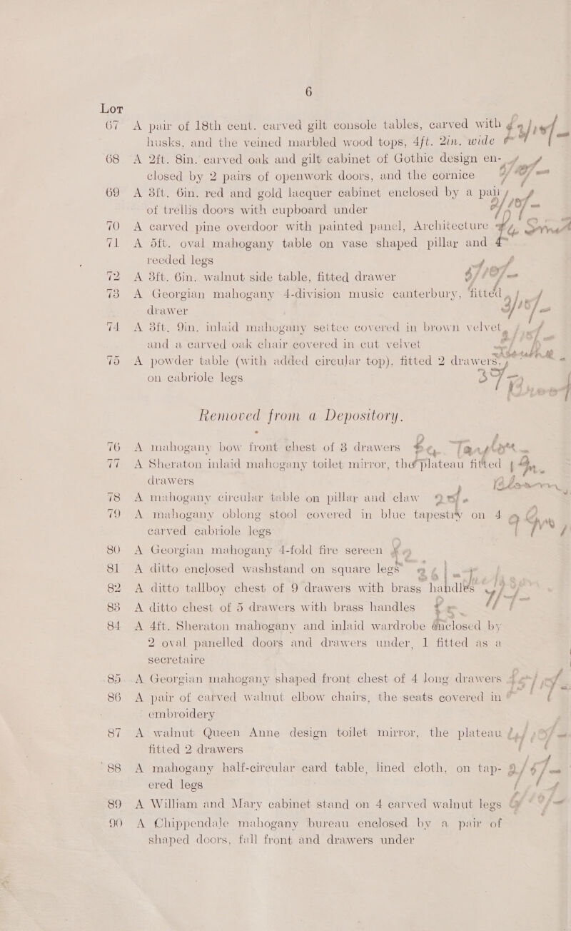 ~ Cr 86 6 A pair of 18th cent. carved gilt console tables, carved with ¢ » bry  husks, and the veined marbled wood tops, 4ft. 2in. wide © ye A 2ft. Sin. carved oak and gilt cabinet of Gothic design ene closed by 2 pairs of openwork doors, and the cornice 1, 07, — A 8ft. Gin. red and gold lacquer cabinet enclosed by a pais pre fy in of trellis doors with cupboard under A carved pine overdoor with painted pancl, Architecture v, | &gt; nate A d5ft. oval mahogany table on vase shaped pillar and £ reeded legs sf A 8ft. 6in. walnut side table, fitted drawer OSI OY we A Georgian mahogany 4-division music canterbury, Gite, / a We f 3 drawer A 3ft, 9in, inlaid mahogany settee covered in brown velvet af and a carved oak chair covered in cut velvet A powder table (with added circular top), fitted 2 drawers. y on exbriole legs 3*] V2 ms ty? EA 4 A Sete on le ot el ee Removed from a Depository. A mahogany bow front chest of 8 drawers $e. Ja@agta® YS drawers 10 Lean, f a J A mahogany circular table on pillar and claw 9%) « A Sheraton inlaid mahogany toilet mirror, the plateau fitted 4 4 A mahogany oblong stool covered in blue t tapestisy on 4 Q e,  carved cabriole legs Bis A Georgian mahogany 4-fold fire sereen 4 A ditto enclosed washstand on square legs ee é at A ditto tallboy chest of 9 drawers with brass hahdlés coy ay A ditto chest of 5 drawers with brass handles ¢ Pee! Be A 4ft. Sheraton mahogany and inlaid wardrobe éiclosed by 2 oval panelled doors and drawers under, 1 fitted secretaire | A Georgian mahogany shaped front chest of 4 long drawers &lt; ¢*, A pair of carved walnut elbow chairs, the seats covered in i embroidery A walnut Queen Anne design toilet mirror, the plateau fg/ 2°%/ = fitted 2 drawers A mahogany half-cireular card table, lined cloth, on tap- 8 / 6 | a ered legs fi, A William and Mary cabinet stand on 4 carved walnut legs A Chippendale mahogany bureau enclosed by a pair of | shaped doors, fall front and drawers under
