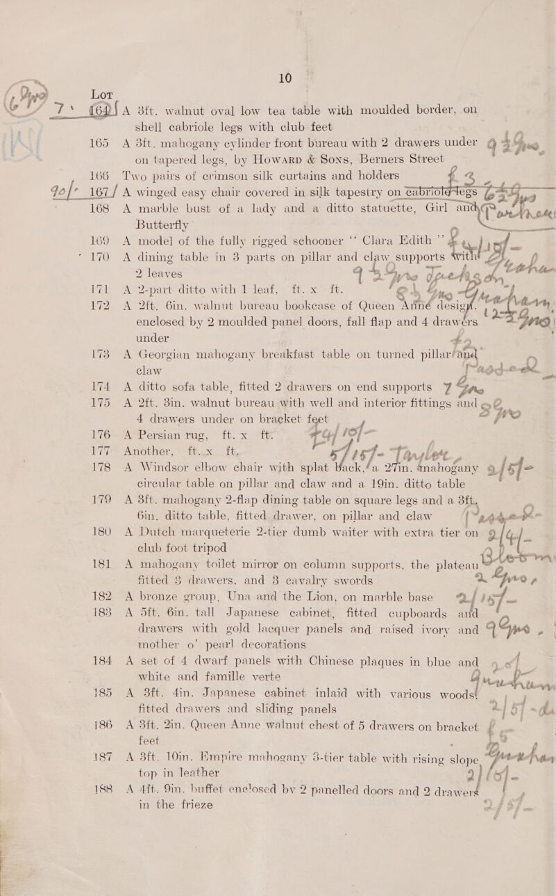 ie Seid ee. &lt;j hich aime 2s’ Wi 7: CDI A 8ft. walnut oval low tea table with moulded border, on     165 A 3ft. mahogany cylinder front bureau with 2 drawers under iy, “ on tapered legs, by Howarp &amp; Sons, Berners Street _ “i 166 Two pairs of crimson silk curtains and holders f Jo |” 167/ A winged easy chair covered in silk tapestry on_cabriol¢ = 168 A marble bust of a lady and a ditto statuette, Girl an Rote ome Butterfly a 169 A model of the fully rigged schooner “‘ Clara Edith ”’ Lipf- 170 A dining table in 8 parts on pillar and 2 ely epilueals Ll Gy p 2 leaves 4 , he dee t4i 2 Hy: OP be i? Apart ditto with tdeat; » i. x i6. ‘eo 1g Gira t 172 A 2ft. 6in. walnut bureau bookcase of Queen Aiiné desig they om &gt; ©. enclosed by 2 moulded panel doors, fall flap and 4 drawers ong, under A [73 A Georgian mahogany breakfast table on turned pillar? Ant ny claw -adg-e-Oe 174 A ditto sofa table, fitted 2 drawers on end supports 7 g 175 ee din. eras bureau with well and interior fittings and e 4 drawers under on bracket feet ¢ ie 176. A-Persian rug, ft.x ft: ao j #3] - Ki Another, 1x 1G, 5 se7- att et : 178 A Windsor elbow chair with splat Wack, / a a mahogany 2 4 circular table on pillar and claw and a 19in. ditto table 179 A 38ft. mahogany 2-flap dining table on square legs and a 8ft. Gin. ditto table, fitted drawer, on pillar and claw ( , yee. we 180 A Dutch marqueterie 2-tier bate waiter with extra tier on 9 ¢ o- club foot tripod 181 A mahogany toilet mirror on column supports, the platea Chet pports, the plateat fitted 8 drawers, and 8 cavalry swords Pred 182. A bronze group, Una and the Lion, on marble base 1 iKT 1838 A 5ft. 6in. tall Japanese cabinet, fitted cupboards and : drawers with gold lacquer panels and raised ivory and GS . ) mother o’ pearl decorations 184 A set of 4 dwarf panels with Chinese plaques in blue and » « f white and famille verte Gun on 2 ami 185 A 8ft. 4in. Japanese cabinet inlaid with various woods } “. fitted drawers and sliding panels au] 57 =i 186 A 3ft. 2in. Queen Anne walnut chest of 5 drawers on bracket feet : pi , 187 A 3ft. 10in. Empire mahogany 8-tier table with rising slope va te Pthes top in leather Jf fein 188 A 4ft. 9in. buffet ene!osed bv 2 panelled doors and 2 drawers in the frieze a 2. fg