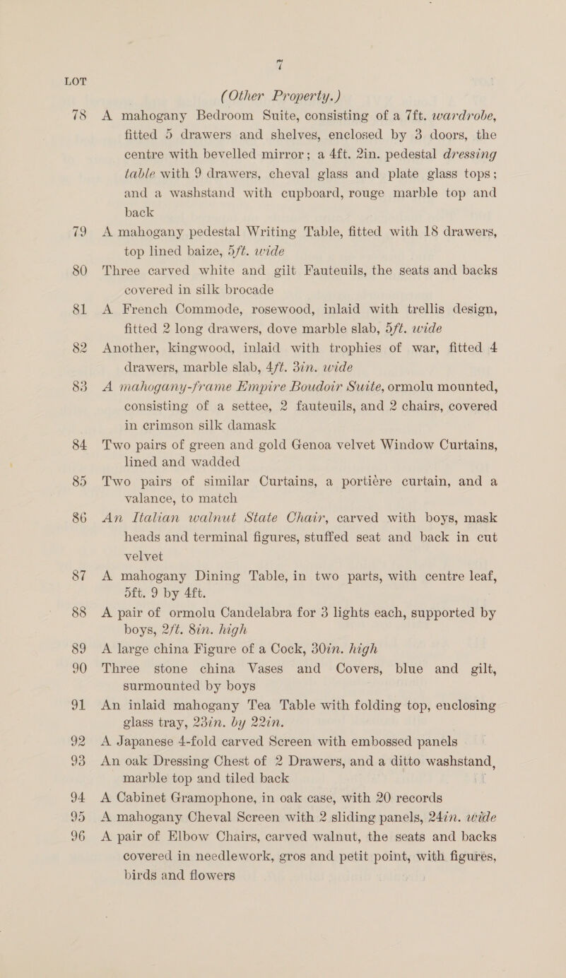 78 ~ d | (Other Property.) A mahogany Bedroom Suite, consisting of a 7ft. wardrobe, fitted 5 drawers and shelves, enclosed by 3 doors, the centre with bevelled mirror; a 4ft. 2in. pedestal dressing table with 9 drawers, cheval glass and plate glass tops; and a washstand with cupboard, rouge marble top and back A mahogany pedestal Writing Table, fitted with 18 drawers, top lined baize, 5/t. wide Three carved white and gilt Fauteuils, the seats and backs covered in silk brocade A. French Commode, rosewood, inlaid with trellis design, fitted 2 long drawers, dove marble slab, 5/ft. wide Another, kingwood, inlaid with trophies of war, fitted 4 drawers, marble slab, 4/¢. 37n. wide A mahogany-frame Empire Boudoir Suite, ormolu mounted, consisting of a settee, 2 fauteuils, and 2 chairs, covered in crimson silk damask Two pairs of green and gold Genoa velvet Window Curtains, lined and wadded Two pairs of similar Curtains, a portiecre curtain, and a valance, to match An Italian walnut State Chair, carved with boys, mask heads and terminal figures, stuffed seat and back in cut velvet A mahogany Dining Table, in two parts, with centre leaf, oft. 9 by 4ft. A pair of ormolu Candelabra for 3 lights each, supported L. boys, 2/¢. 8in. high A large china Figure of a Cock, 307n. high Three stone china Vases and Covers, blue and _ gilt, surmounted by boys An inlaid mahogany Tea Table with folding top, enclosing glass tray, 237n. by 22in. A Japanese 4-fold carved Screen with embossed panels An oak Dressing Chest of 2 Drawers, and a ditto washstand, marble top and tiled back A Cabinet Gramophone, in oak case, with 20 records A mahogany Cheval Screen with 2 sliding panels, 24in. wide A pair of Elbow Chairs, carved walnut, the seats and backs covered in needlework, gros and petit point, with figures, birds and flowers