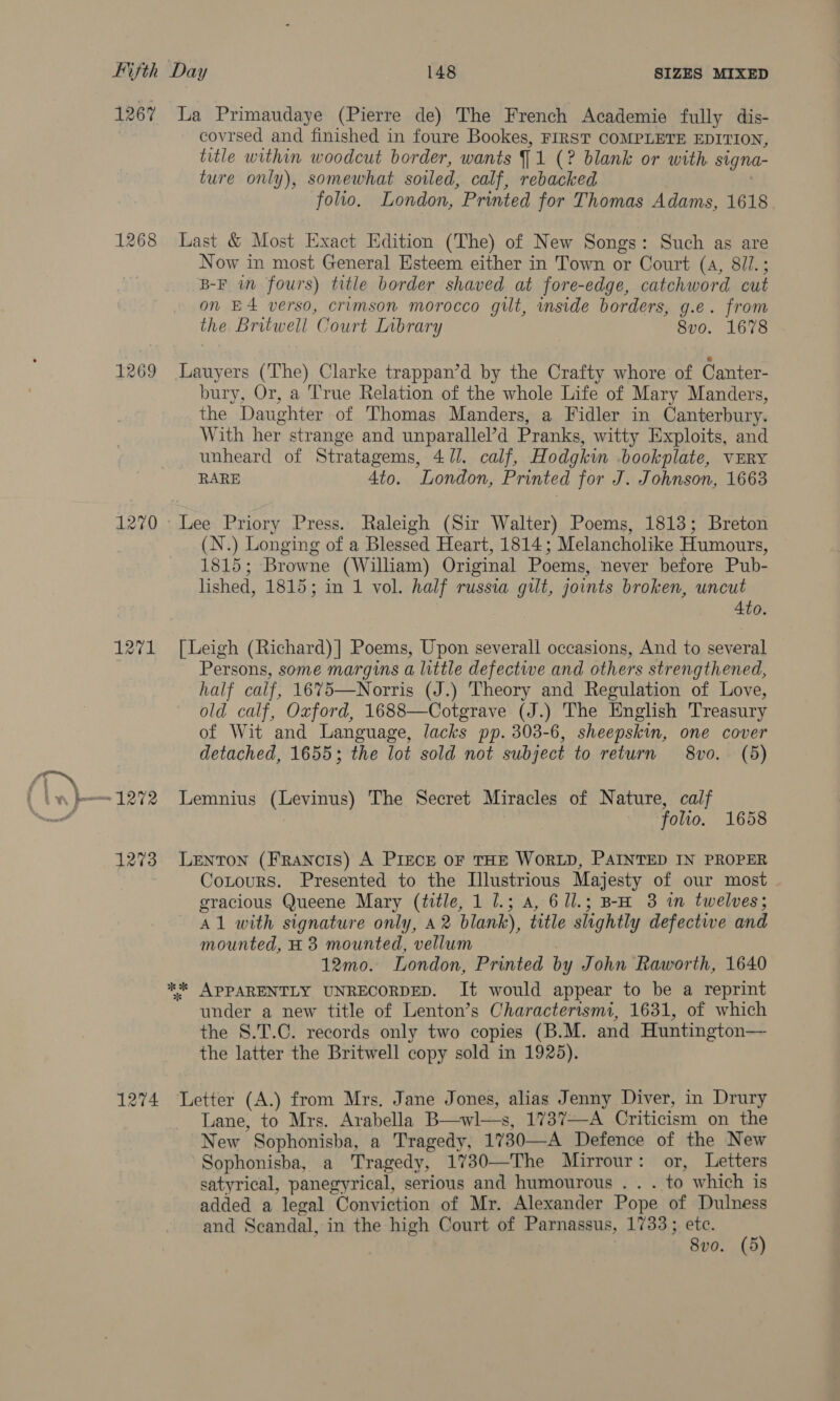 ARs Bifth 1267 1268 1269 1271 1273 La Primaudaye (Pierre de) The French Academie fully dis- covrsed and finished in foure Bookes, FIRST COMPLETE EDITION, title within woodcut border, wants T 1 (? blank or with signa- ture only), somewhat soiled, calf, rebacked folio. London, Printed for Thomas Adams, 1618 Last &amp; Most Exact Edition (The) of New Songs: Such as are Now in most General Esteem either in Town or Court (A, 8il.; B-F im fours) title border shaved at fore-edge, catchword cut on E4 verso, crimson morocco gilt, mside borders, g.e. from the Britwell Court Inbrary 8vo. 1678 Lauyers (The) Clarke trappan’d by the Crafty whore of Canter- bury, Or, a True Relation of the whole Life of Mary Manders, the Daughter of Thomas Manders, a Fidler in Canterbury. With her strange and unparallel’d Pranks, witty Exploits, and unheard of Stratagems, 4/1. calf, Hodgkin .bookplate, vERY RARE 4to. London, Printed for J. Johnson, 1663 (N.) Longing of a Blessed Heart, 1814; Melancholike Humours, 1815; Browne (William) Original Poems, never before Pub- lished, 1815; in 1 vol. half russia gilt, joints broken, uncut 4to. [Leigh (Richard)] Poems, Upon severall occasions, And to several Persons, some margins a little defective and others strengthened, half calf, 1675—Norris (J.) Theory and Regulation of Love, old calf, Oxford, 1688—Cotgrave (J.) The English Treasury of Wit and Language, lacks pp. 308-6, sheepskin, one cover detached, 1655; the lot sold not subject to return 8vo. (5) Lemnius poets) The Secret Miracles of Nature, calf folio. 1658 LENTON (FRaNcIS) A PIECE OF THE WORLD, PAINTED IN PROPER Cotours. Presented to the [Illustrious Majesty of our most gracious Queene Mary (title, 1 1.; a, 6ll.; B-H 3 im twelves; Al with signature only, A 2 blank), title slightly defective and mounted, H 3 mounted, vellum 12mo. London, Printed by John Raworth, 1640 under a new title of Lenton’s Charactertsmi, 1631, of which the S.T.C. records only two copies (B.M. and Huntington— the latter the Britwell copy sold in 1925). Lane, to Mrs. Arabella B—wl—s, 1737—A Criticism on the New Sophonisha, a Tragedy, 1730—A Defence of the New Sophonisha, a Tragedy, 1730—The Mirrour: or, Letters satyrical, panegyrical, serious and humourous . to which is added a legal Conviction of Mr. Alexander Pope of Dulness and Scandal, in the high Court of Parnassus, 1733; etc. 8vo. (5)