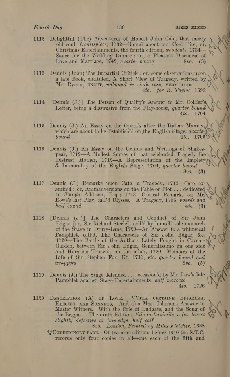    1112 Delightful (The) Adventures of Honest John Cole, that merry iN old soul, frontispiece, 1732—Round about our Coal Fire, or, hr | Christmas Entertainments, the fourth edition, woodcuts, 1734— ‘ Sauce for the Wedding Dinner: or, a Pleasant Discourse of Love and Marriage, 1742, quarter bound 8vo. (3) 1113 Dennis (John) The Impartial Critick : or, some observations upon , +) a late Book, entituled, A Short View ‘of Trag gedy, written nN AA Mr. Rymer, uNcuT, “unbound in cloth casé, VERY RARE \ Ato, for R. Taylor, 1693 ~% 1114 [Dennis (J.)| The Person of Quality’s Answer to Mr. Collier’ yA Letter, being a disswasive from the Play-house, quarter bound Ato. 1704 ‘y ~ a 1115 Dennis (J.) An Essay on the Opera’s after the Italian Manner,/{ 9) — which are about to be Establish’d on the English Stage, ruarn 7.» bound 4to. 11060 \¥ @ 1116 Dennis (J.) An Essay on the Genius and Writings of Shakes- ) \ Ce pear, 1712—A Modest Survey of that celebrated Tragedy et Distrest Mother, 1712—A Representation of the SN &amp; Immorality of the English Stage, 1704, quarter bound 8vo. 1117 Dennis (J.) Remarks upon Cato, a Tragedy, 1713—Cato ex- amin’d : or, Animadversions on the Fable or Plot. . . dedicate sf . to Joseph Addison, Esq.; 1713—Critical Remarks on TONG | Rowe’s last Play, call’d Ulysses. A Tragedy, 1706, boards and half bound 4to (3)  1118 [Dennis (J.)] The Characters and Conduct of Sir John Edgar [i-e. Sir Richard Steele], call’d by himself sole monarch of the Stage in Drury-Lane, 1720—An Answer to a whimsical Pamphlet, call’d, The Characters of Sir John Edgar, &amp;c. ‘0 / 1720—The Battle of the Authors Lately Fought in Covent-* Garden, between Sir John Edgar, Generalissimo on one side 2 and Horatius Truewit, on the other, 1720—-Memoirs of the Life of Sir Stephen Fox, Kt. 1717, etc. quarter bound and wrappers 8vo. (5) i 1119 Dennis (J.) The Stage defended . . . occasion’d by Mr. Law’s late Pamphlet against Stage- Entertainments, half morocco 4to. 1726 1120 Derscriprion (A) oF Love. VVITH CERTAINE [HEPIGRAMS, ELEGIES, AND Sonnets. And also Mast Iohnsons Answer to 6 Master Withers. With the Crie of Ludgate, and the Song of the Beggar. The ninth Edition, title in facsimile, a few leaves \ slightly defectwe at fore-edge, half calf 8vo. London, Printed by Miles Fletcher, 1638 **HXCEEDINGLY RARE. Of the nine editions before 1640 the S.T.C. ‘records only four copies in all—one each of the fifth and