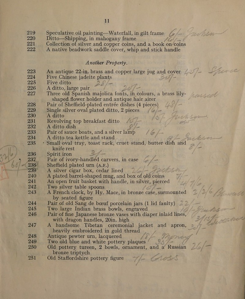 1] Speculative oil painting—Waterfall, in giltframe / Ditto—Shipping, in mahogany frame fh bf | Collection of silver and copper coins, and a book on/coins A native beadwork saddle cover, whip and stick handle Another Property. An antique 22-in. brass and copper large jug and cover Five Chinese jadeite pani Five ditto 2 &amp; | A ditto, large pair Z : Three old Spanish majolica fonts, in Late a brass lily- shaped flower holder and antique hair airer Single silver oval plated ditto, 2 pieces A ditto Revolving top breakfast ditto A ditto dish Pf Pair of sauce boats, and a silver ane A ditto tea kettle and stand knife rest Spirit iron Pair of ivory- Buanaied carvers, in case Sheffield plated urn (A.F.) A silver cigar box, cedar lined A plated barrel- -shaped mug, and box of old coins An open fruit basket with handle, in silver, pierced Two silver table spoons ; A French clock, by Hy. Mace, in bronze case, ‘surmounted by seated figure Two large Indian brass bowls, engraved | Pair of fine Japanese bronze vases with diaper inlaid lines, with dragon handles, 20in. high A handsome Tibetan ceremonial jacket and apron, : heavily embroidered in gold thread , Antique pewter urn, lacquered a, Two old blue and white pottery plaques, Old pottery tureen, 2 bowls, ornament, and a Rien bronze triptych oe