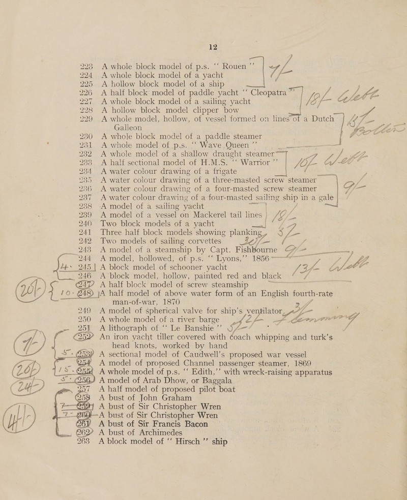 223 A whole block model of p.s. “‘ Rouen’”’ | ~yv/ 224 A whole block model of a yacht fs 225 A hollow block model of a ship 226 &lt;A half block: model of paddle yacht ‘ “Cleopatra” |       227 A whole block model of a sailing yacht 228 A hollow block model clipper pene |&amp; ic age 229 A whole model, hollow, of vessel formed on lines of a Dutch Cf so Galleon a yy Eee J fp 230 A whole block model of a paddle steamer aS eae F 231. A whole model of_p.s.,/° Wave ,Queen ”’ nk “a 232 A whole model of a shallow draught steamer = 7 Ya fjpm 233. A half sectional model of H.M.S. ‘‘ Warrior” | Of G/-€@ * 234 &lt;A water colour drawing of a frigate a yatta. Se 235 - A water colour drawing of a three-masted screw eur creamer a 236 A water colour drawing of a four-masted screw steamer as 237 A water colour drawing of a four-masted | sailing sy in a gale 238 -A model of a sailing yacht | j Pie. 239 A model of a vessel on Mackerel tail lines VAY A 8 240 Two block models of a yacht cat 4 241 Three half block models showing planking, Se 242 Two models of sailing corvettes” of ae __ 248 A model of a steamship by Capt. Fishbourne pee ee “24a “A model; hollowed} ofp.s. “Lyons,” 1856-7 a, rf JE és 245 | A block model of schooner yacht SA Bf— OE 52 246 A ‘block Hue hollow, is i red and black JA half aaa of above ee form of an English fourth- rate man-of-war, 1870 49 A model of spherical valve for ship’s ventilator yA — Lee 50 A whole model of a river barge yw Z pm he fe Op PIECE wf A lithograph of ““ Le Banshie ”’ ey l— a ia An iron yacht tiller covered with ¢oach whipping and turk’s head knots, worked by hand ) A sectional model of Caudwell’s proposed war vessel vie A model of proposed Channel passenger steamer, 1869 A whole model of p.s. ‘‘ Edith,’’ with wreck-raising apparatus ' A model of Arab Dhow, or Baggala A half model of proposed pilot boat A bust of John Graham A bust of Sir Christopher Wren 260A bust of Sir Christopher Wren @6V A bust of Sir Francis Bacon _ 262 A bust of Archimedes — 263 A block model of ‘‘ Hirsch ’’ ship