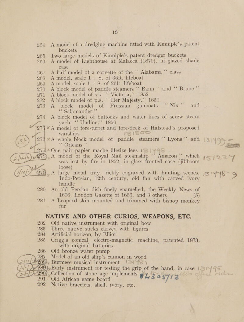 264 A model of a dredging machine fitted with Kinniple’s patent buckets 265 Two large models of Kinniple’s patent dredger buckets 266 A model of Lighthouse at Malacca (1879), in glazed shade case 267 &lt;A half model of a corvette of the ‘‘ Alabama ’’ class 268 A model, scale 1 : 8, of 36ft. lifeboat 269 A model, scale 1 : 8, of 26ft. hfeboat 270 A block model of paddle steamers “* Bann oT oA, block, model oss. “ Victoria, 11652 272 A block model of p.s.-“‘ Her Majesty,’’ 1850 &gt;) and “:. Brune’ 273° “A block-.model- of Prussian: gunboats *' Nix”. -and ‘Salamander.’ oe A block model of buttocks and water lines of screw steam yacht “ Undine,’ 1856 Aa x A oa of fore-turret and se gee ot Halstead’ S proposed = a warships /, ~ 276 xA whole block model of aie Wounens ‘Lyons ’’. and ae CA ‘Orleans } ‘Lard One pair papier mache lifesize legs i*4j “oO 3}, A model of the Royal Mail steamship © Mean” ’ -which was lost by fire in 1852, in glass fronted case (jibboom ae loose) ( (iro; of-) 7 ., A large metal tray, richly engraved with hunting scenes, Indo-Persian, 12th century, old fan with carved ivory  handle 280 An old Persian dish finely enamelled, the Weekly News of 1606, London Gazette of 1666, and 3 others (5) 281 A Leopard skin mounted and trimmed with bishop monkey fur NATIVE AND OTHER CURIOS, WEAPONS, ETC. 282 Old native instrument with original bow 283 Three native sticks carved with figures 284 Artificial horizon, by Elliot 285 Grigg’s conical electro-magnetic machine, patented 1878, with original batteries 286 Old bronze water pump Model of an old ship’s cannon in wood io meg) « Burmese musical instrument !%)~&lt; \    £290}. Collection of stone age implements ~ 291 Old African game board $42 2 s7 13 292 Native bracelets, shell, ivory, etc.