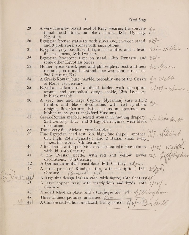 A very fine grey basalt head of King, wearing the conven- tional head dress, on black stand, 18th Dynasty, Egyptian Egyptian bronze statuette with silver eye, on wood stand, and 3 prehistoric stones with inscriptions Egyptian grey basalt, with figure in centre, and a head, fine specimens, 18th Dynasty some other Egyptian pieces restored, on a marble stand, fine work and rare piece, ond Century, B.C. A Greek-Roman bust, marble, probably o1 one of ae Ceesars of Rome, Ist Century Egyptian calcareous sacrificial tablet, with inscription around and symbolical design inside, 13th Dynasty, in black marble : A very fine and large Cyprus (Mycenian) vase with 2 handles and black decorations with red symbolic designs, 6th Century, B.C. (a museum specimen ex- hibited many years at Oxford Museum) | Greek-Roman marble, seated woman in moving drapery, 2nd Century, B.C., and 3 Egyptian neue with black decoration Three very fine African ivory bracelets. Fine Egyptian head rest, 7in. high, fine shape ; another, 6in. high, 25th Dynasty ; and. 2 Italian small ivory _ boxes, fine work, 17th Century A fine Dutch water purifying vase, decorated in fine colours, with lid, 16th Century A fine Persian. bottle, with red and yellow flower decorations, 17th Century is A German arm-of-a- breastplate, 16th Century 4, Gn A large panel of Rhodian tiles, hibhay inscription, 16th Century | Be aS Ye K ° / ie eee ft et¢ ye — Nettle a mee if lb’ 1a} Wagryt= _ s) ag _ A large copper tray, with inscriptions and—birds, 16th Century A small Rhodian plate, and a turquoise tile lof- A, re a“ i ane