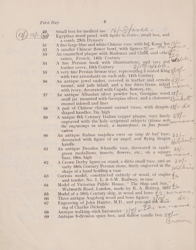 First Day 6 fy » et Small box for medical use / rs / Spr KL b 13) ) 14]- (50) Egyptian wood panel, with figure in centre, small box, and a comb, 25th Dynasty ol A fine large blue and white Chinese vase, with lid, one a 52 A smaller Chinesé flower bowl, with di heateege inten 53 An enamelled plaque with Madonna and Chi d, and othery~ rc saints, French, 14th Century rae A 54 A fine Persian book with illuminations, ne Tare red whe leather cover, 16th Century Q// Of -\W thy A, 55 A very fine Persian bronze tray, represent ng A seated King of of: < with two attendants on each side, 14th Century 56 An antique jewel casket, covered in leather and ormolu [9/— mount, and jade inlaid, and a fine ditto frame, inlaid te * with ivory, decorated with Cupids, flowers, etc. Sagat y 57 An antique Albanian silver powder box, Georgian wood 157 — snuff jar, mounted with Georgian silver, and a cloisonné (Gidcte ie enamel inkwell and liner ie 58 A pair of Chinese cloisonné enamel vases, with dragon-|§/— Lo shaped handles, 7in. high 59 A unique 6th Century Italian copper plaque, very finely 5S] = engraved with the holy scriptural subjects (please note. mun¢ the engravings im cross), a masterprece, im fine preser- vation | 60 An antique Italian majolica ewer on sang de baf base, 9 9 [~ decorated with figure of an angel, and flying dragon pc fo handle be Vai 61 An antique Dresden 3-handle vase, decorated in apple- 29/_ green medallions, insects, flowers, etc., on a square — i | base, 18in. high pL 62 A Crown Derby figure on stand, a ditto small vase, andan 2 of - early 18th Century Persian stone, finely engraved in the shape of a hand holding a vase 63 Curious model, constructed entirely of wood, of engine 44, and tender, No. 1, L. &amp; S.W. Railway, in case 64 Model of Victorian Public House, “‘ The Ship and Sum < , Walworth Road, London, made by R. A. Britten, 1897 £4 65 Model of a 16th Century ship, in wood and bone £2 nore, 66 Three antique Augsberg wood and bone figures aT ¥. = dr. 67 Engraving of John Hunter, M.D., and pen-apd-ink draw- gee YUL? wy P ® «f/f f ' Wet hing ing of Charles Dickens A 3 68 Antique walking-stick barometer | [S| — 69 ‘Antique 5-division spice box, and tallow candle box 25/— a | ¢ Losit4+ a3