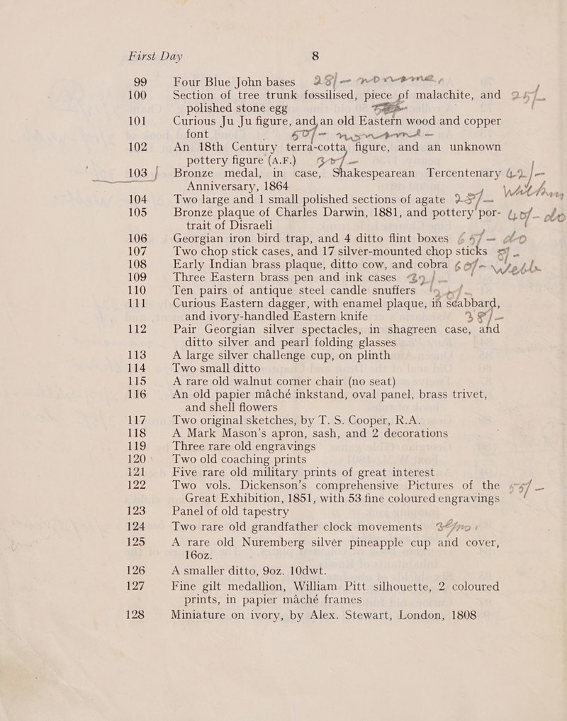 99 100 101 102 104 105 106 107 108 109 110 111 Four Blue John bases 2S) — HWE Ye tone, Section of tree trunk fossilised, pes op malachite, and polished stone egg Curious Ju Ju figure, and,an old Paes wood and copper font 40/ a Me tnd — An 18th Century terra-cotta figure, and an unknown pottery figure (A.F.) 367— Bronze medal, in case, akespearean Tercentenary (2./— Anniversary, 1864 4. WAL py Two large and 1 small polished sections of agate 23°/— it Bronze plaque of Charles Darwin, 1881, and pottery por- bof rber trait of Disraeli oe Georgian iron bird trap, and 4 ditto flint boxes 6 4/ = “0 Two chop stick cases, and 17 silver-mounted chop sticks =] - Early Indian brass plaque, ditto cow, and cobra ¢ of ~ Set Lb. Three Eastern brass pen and ink cases 9; Ten pairs of antique steel candle snuffers | sid - Curious Eastern dagger, with enamel plaque, in sdabbard, and ivory-handled Eastern knife Lyd) Pair Georgian silver spectacles, in shagreen case, a d ditto silver and pearl folding glasses A large silver challenge cup, on plinth Two small ditto A rare old walnut corner chair (no seat) An old papier maché inkstand, oval panel, brass trivet, and shell flowers Two original sketches, by T. S. Cooper, R.A. A Mark Mason’s apron, sash, and 2 decorations Three rare old engravings Two old coaching prints Five rare old military prints of great interest Two vols. Dickenson’s comprehensive Pictures of the . $7] — Great Exhibition, 1851, with 53 fine coloured engravings Panel of old tapestry Two rare old grandfather clock movements %¢/0 « A rare old Nuremberg silvér pineapple cup and cover, 160z. A smaller ditto, 9oz. 10dwt. Fine gilt medallion, William Pitt silhouette, 2 coloured prints, in papier maché frames Miniature on ivory, by Alex. Stewart, London, 1808