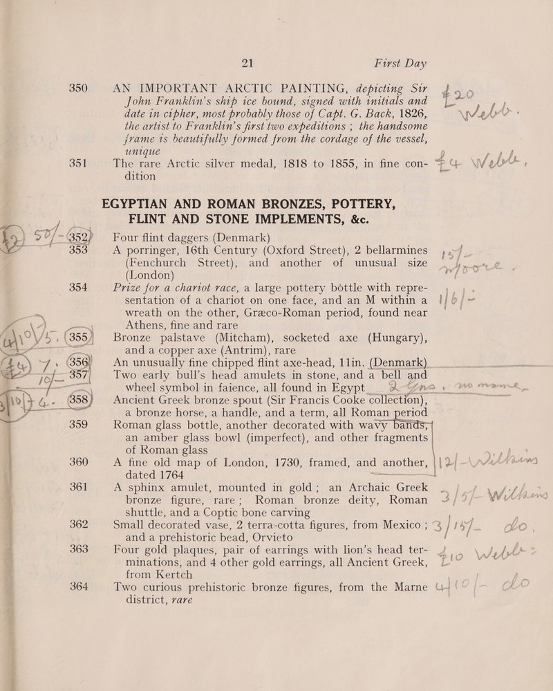 350 351 a hy) oF 352) —- 353 354 a =n ym \y) -—s i u\\ OV/s, (355) ef - 357| ; iis we yp a: (858) eo oe sz 359 | 360 361 362 363 364 21 First Day AN IMPORTANT ARCTIC PAINTING, depicting Sir John Franklin’s ship ice bound, signed with imtials and date in cipher, most probably those of Capt. G. Back, 1826, the artist to Franklin’s first two expeditions ; the handsome jrame 1s beautifully formed from the cordage of the vessel, unique dition FLINT AND STONE IMPLEMENTS, &amp;c. Four flint daggers (Denmark) A porringer, 16th Century (Oxford Street), 2 bellarmines (Fenchurch > Street)), and ‘another of unusual size (London) Prize for a chariot race, a large pottery bottle with repre- sentation of a chariot on one face, and an M within a wreath on the other, Greco-Roman period, found near Athens, fine and rare Bronze palstave (Mitcham), socketed axe (Hungary), and a copper axe (Antrim), rare Two early bull’s head amulets in iene, and a bell cand Ancient Greek bronze spout (Sir Francis Cooke collection), a bronze horse, a handle, and a term, all Roman period Roman glass bottle, pounce decorated with wavy beats of Roman glass A fine old map of London, 1730, framed, and another, dated 1764 A sphinx amulet, mounted in gold; an Archaic Greek bronze figure, rare; Roman bronze deity, Roman shuttle, and a Coptic bone carving Small decorated vase, 2 terra-cotta figures, from Mexico ; and a prehistoric bead, Orvieto Four gold plaques, pair of earrings with lion’s head ter- from Kertch Two curious prehistoric bronze figures, from the Marne district, vare rele eihisicaineremnatine