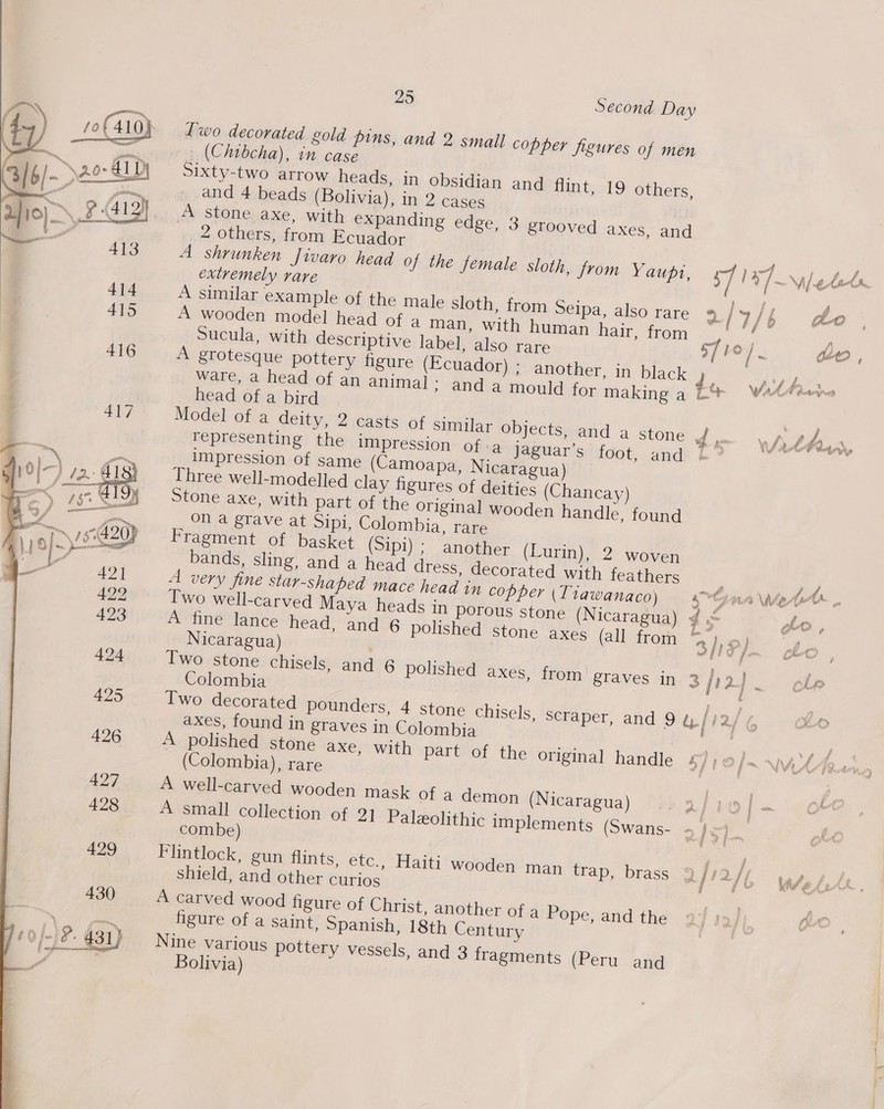  jo/->22-40 24 10} ia Pac 1g ©6413 414 415  416 417 — Pk: 2 )9 a 49} 429 423 424  25 Second Day Lwo decorated gold pins, and 2 small copper figures of men _(Chibcha), in case Sixty-two arrow heads, in obsidian and and 4 beads (Bolivia), in 2 cases flint, 19 others, 2 others, from Ecuador A shrunken Jivaro head of the female sloth, from Yaupi, extremely rare | A similar example of the male sloth, from Seipa, also rare A wooden model head of a man, with human hair, from Sucula, with descriptive label, also rare A grotesque pottery figure (Ecuador) ; another, in black ware, a head of an animal > and a mould for making a head of a bird Model of a deity, 2.casts of similar objects, and a stone representing the impression ofa jaguar’s foot, and impression of same (Camoapa, Nicaragua) Three well-modelled clay figures of deities (Chancay) Stone axe, with part of the original wooden handle, found on a grave at Sipi, Colombia, rare Fragment of basket (Sipi) ; another bands, sling, and a head dress, decorated with feathers A very fine star-shaped mace head in copper (Tiawanaco) Two well-carved Maya heads in porous stone A fine lance head, and 6 polished stone Nicaragua) Two stone chisels, Colombia Two decorated pounders, axes, found in graves in Colombia A polished stone axe, with part of the original handle (Colombia), rare A well-carved wooden mask of a demon A small collection of 2] combe) Flintlock, gun flints, etc., shield, and other CUurl1os A carved wood figure of Christ, another of a Pope, and the figure of a Saint, Spanish, 18th Century Nine various pottery vessels, and 3 fragments (Peru and Bolivia) axes (all from and 6 polished axes, from graves in (Nicaragua) Haiti wooden man trap, brass —_ Poe s7 / 4 if = Mi /e A fal S ~/7/6 Go »ry f . W, 1A Ae Aeros 4-4, 2 rs yi) . | r VWlatPiand, 2 “eran \Asa A, Ak 4 PRA MEU y y, Ae Ss rs 2 . af of t é ¢ é = e: P “? fe Pf nil wt fi < f oo » | » | ‘we at ee) > j? &amp; 4 a joni. Fd ‘ :  ? +2 Sl hb fb CD Fw \f, #4 r a 3 S A ( a f i j j / F » wah j ial ft \ o