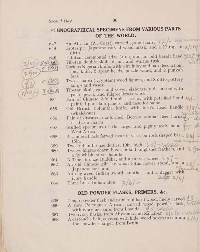 647 648 649 aes OF THE WORLD. An African (W. Coast) carved game board / #/~ 7 Grotesque Japanese carved wood mask, and a European ef) 6/: ditto : Tahitian ceremonial adze (A.F.), and an odd basalt head 77r Ty Mi Tibetan double skull, drum, and walrus tusk 1, # Curious Nigerian knife, with wire inlay and hair decoration, long knife, 2 spear heads, puzzle wand, and 2 punkah fans Two Ushabti (Egyptian) wood figures, and 8 ditto pottery lamps and vases Tibetan skull, vase and cover, elaborately decorated with paste jewel, and filigree brass work Pair of Chinese 2-fold table screens, with petrified hand #4/— painted porcelain panels, and case for same : Old British Columbia knife, with bird’s head handle @/§ j 94 Oj 1} j vy (whalebone) Wiebe Pair of diseased malformed Borneo sambar deer horns,4 Ab used as a charm res Stuffed specimens of the larger and pigmy scaly manis; «> e. West Africa ' , A Chinese black ¢arved steatite vase, on rock shaped base, 2 a a 15in. : BAD eye ye. Two Indian bronze deities, 10in. high $4/ — Wéedets : Twelve filigree charm boxes, inlaid kingfisher feathers, and 2% a fly whisk, silver handle oe: r: A Tibet bronze Buddha, and a prayer wheel 3 Sp An old Chinese gilt lac wood lotus flower stand, and a j Japanese lac stand p SH An engraved Indian sword, another, and a dagger with i: ivory handle aul IF 2} t,} - Three brass Indian idols 2 / ble ‘ ' rs he of Ge OLD POWDER FLASKS, PRIMERS, &amp;c. Congo powder flask and primer of hard wood, finely carved 43 p A rare Portuguese-African carved wood powder flask, use with ivory measure, from Loanda_ ¥ leet 2 | Two ivory flasks, from Abyssinia and Zanzibar 3]2/b + Wee’ A cartouche belt, covered with hide, wood boxes to contain 9g /, / the powder charger, from Benin '